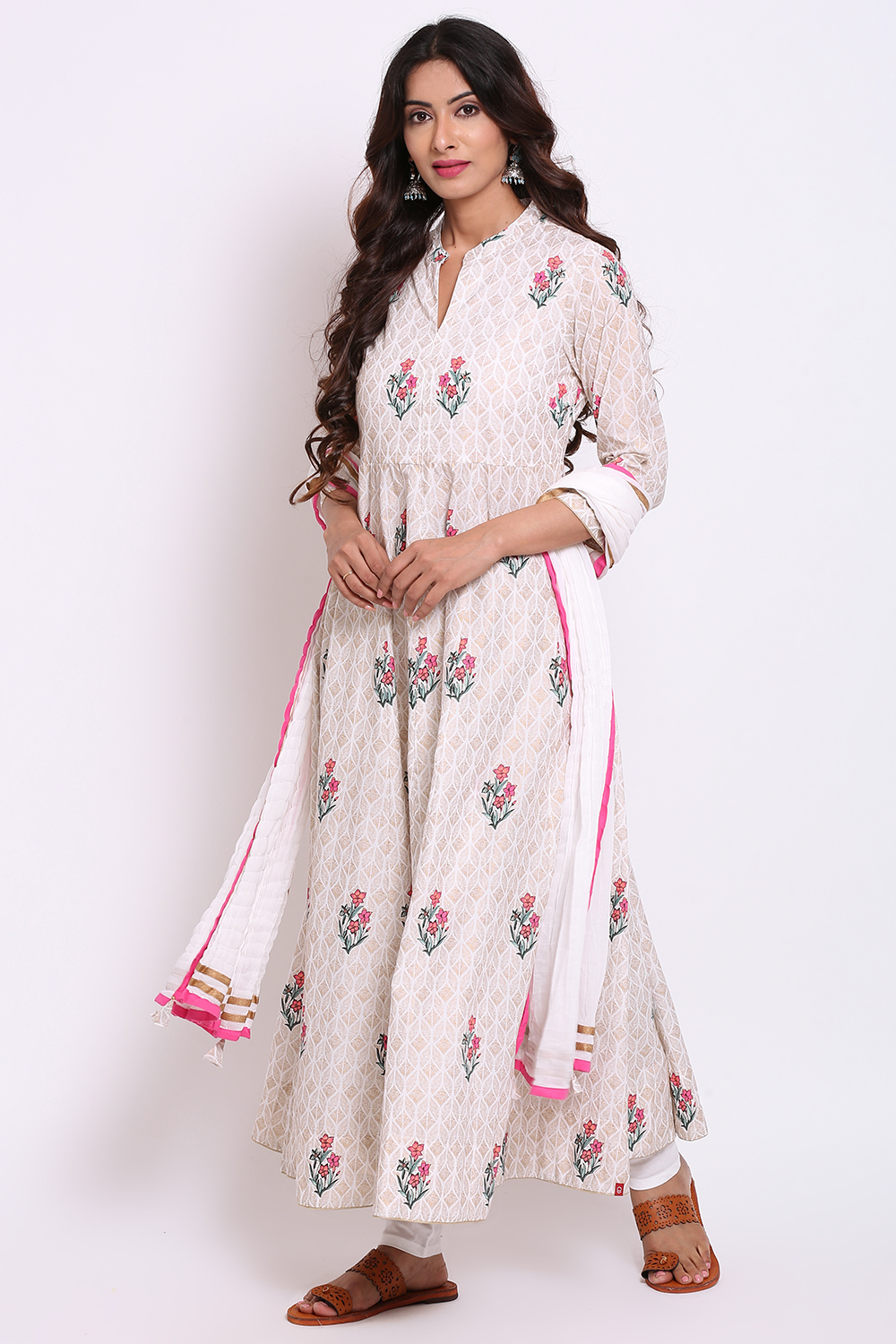 Ivory And Gold Cotton Anarkali Kurta Churidar Suit Set image number 3