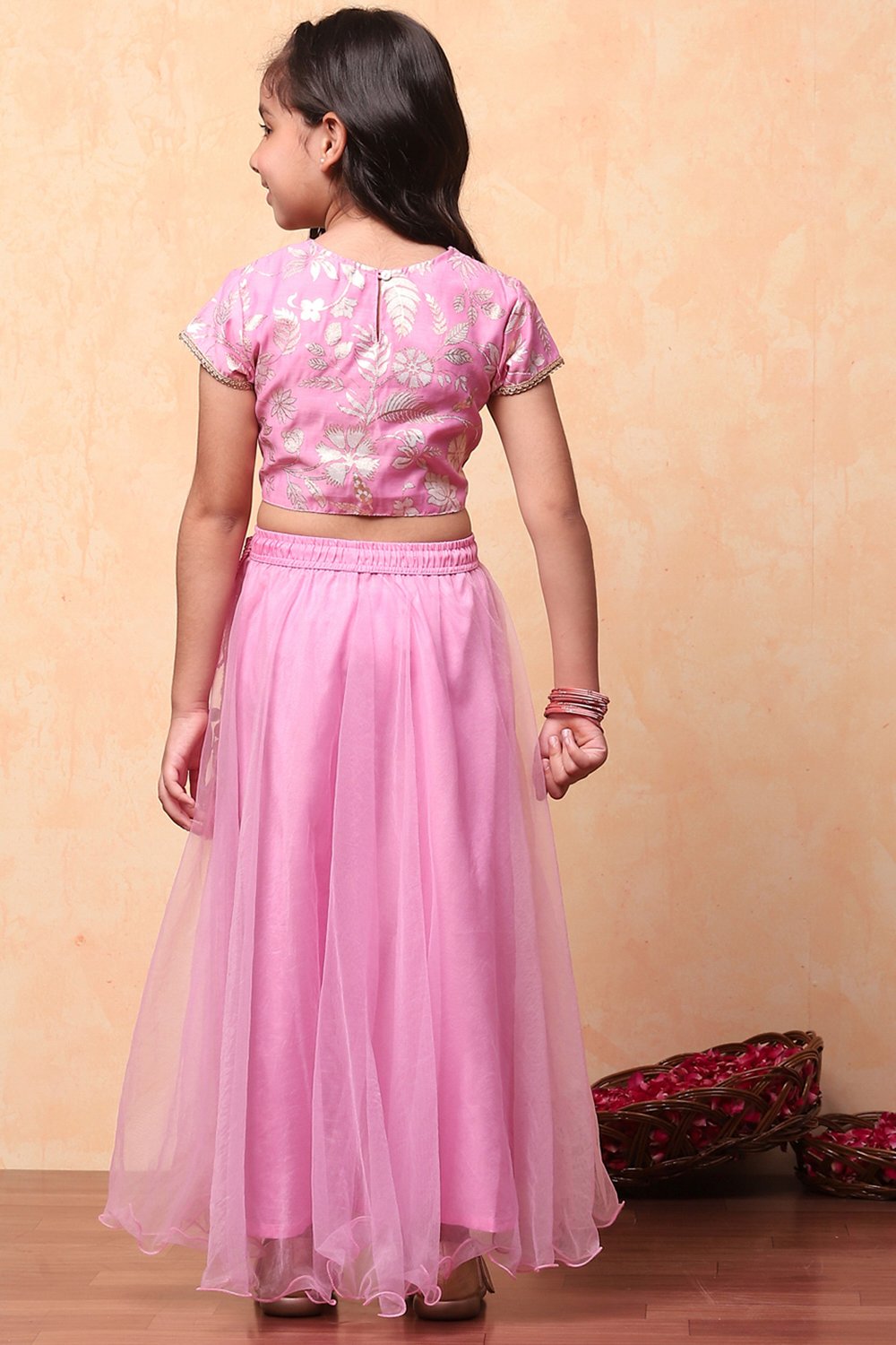 Pink Poly Chanderi Floral Festive Flared Lehenga Set image number 4