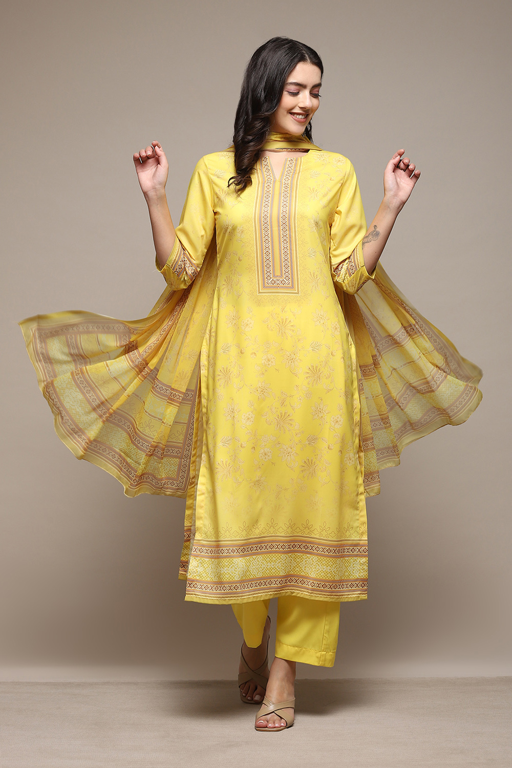 Yellow Silk Blend Digital Print Unstitched Suit Set image number 1