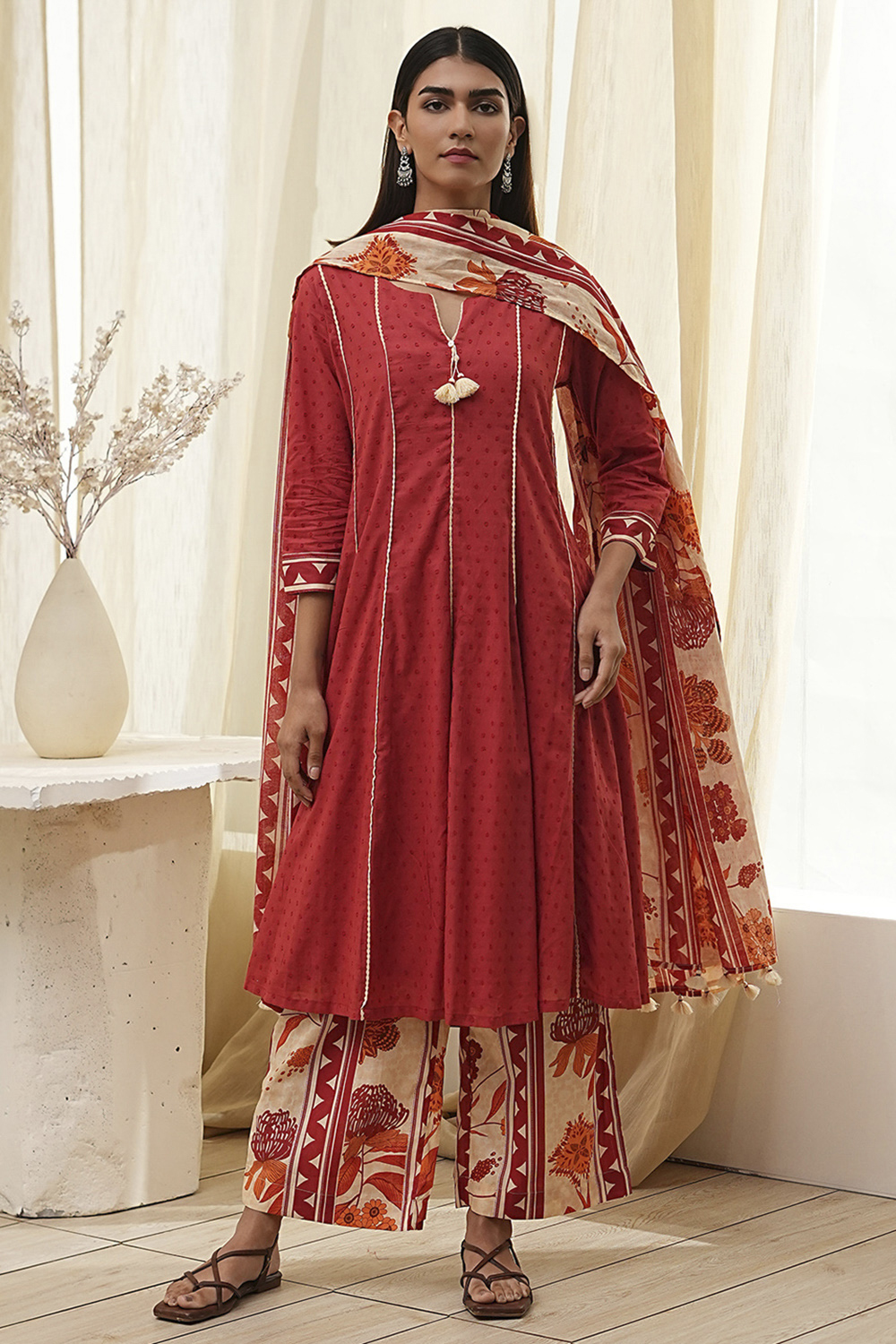 Rust Cotton Yarn-Dyed Kalidar Suit Set image number 6