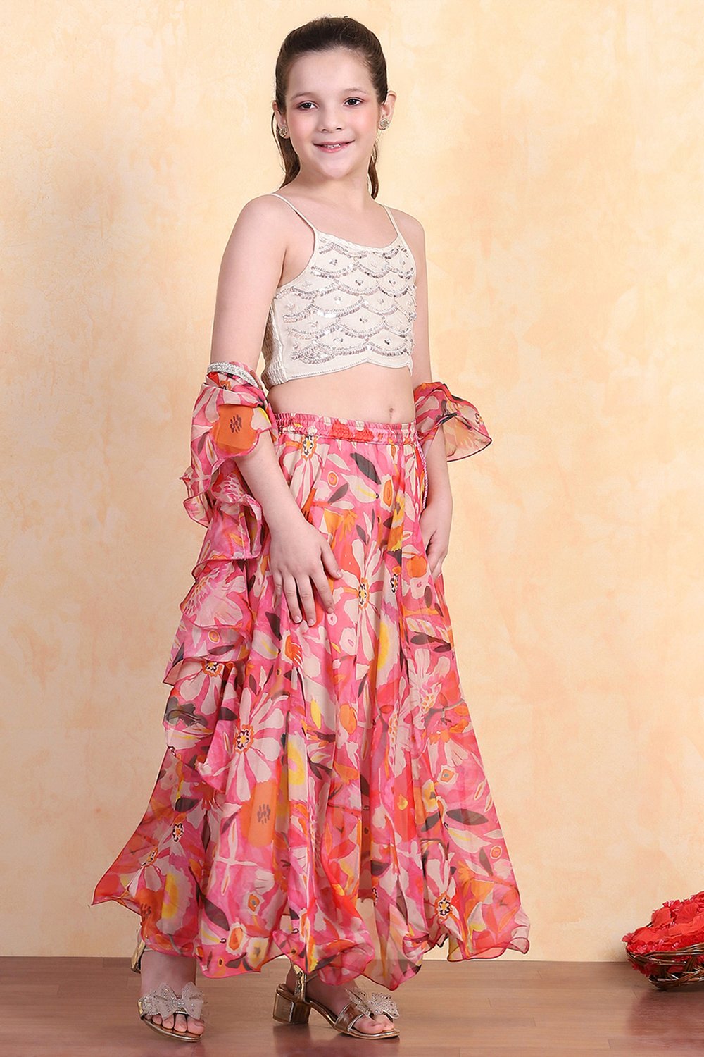 Off White Polyester Lehenga Set image number 4