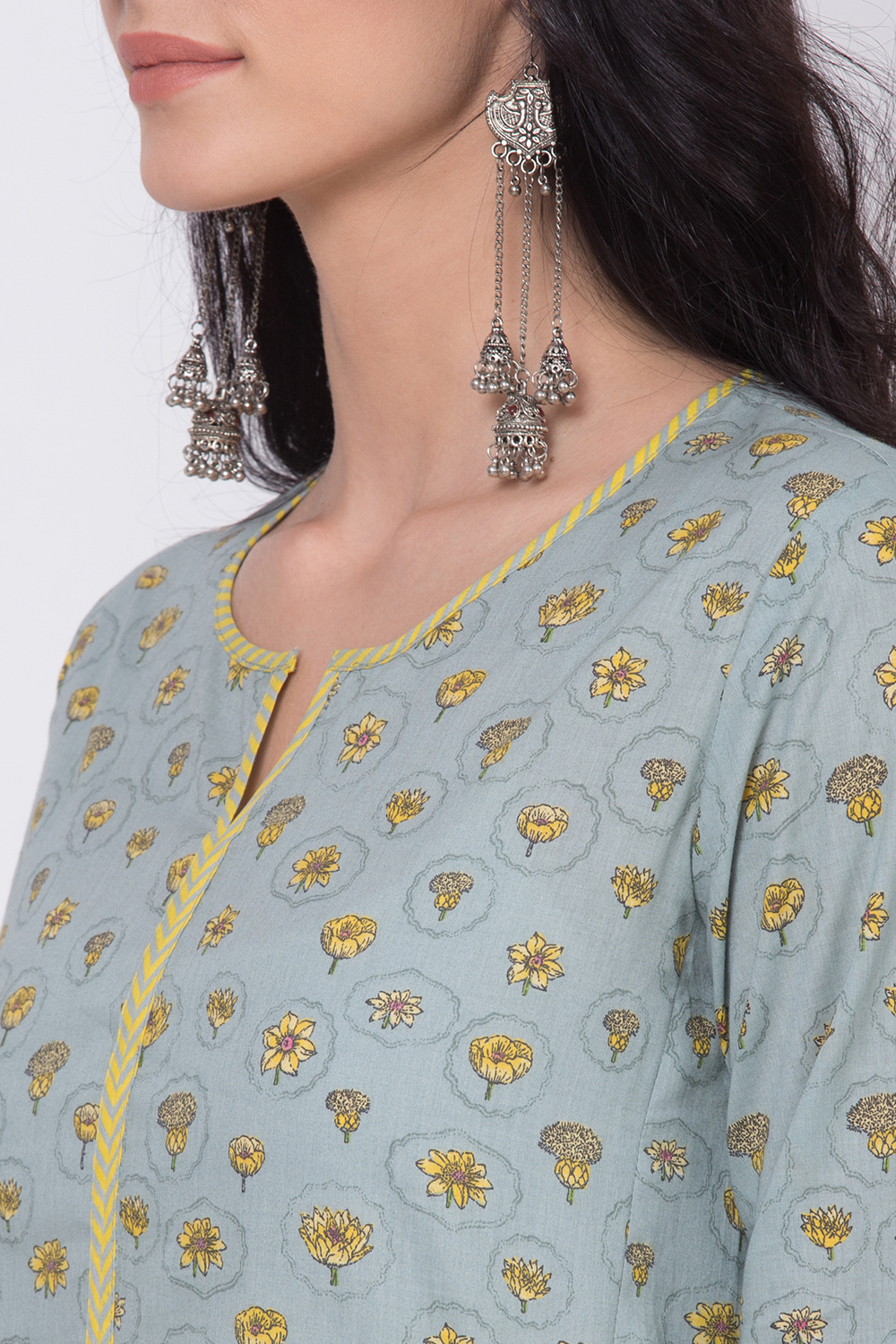 Teal Cotton A-Line Printed Kurta image number 1