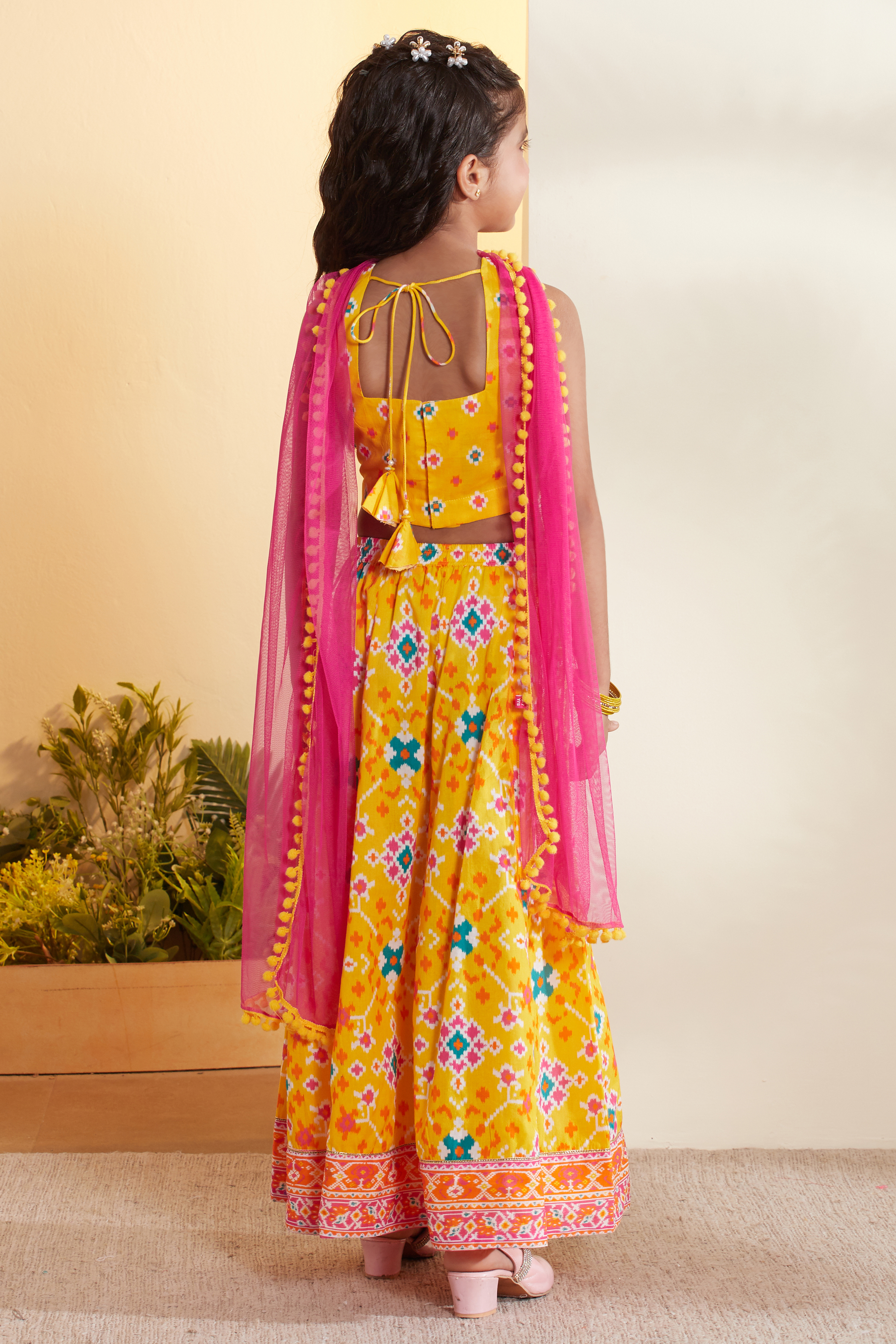 Yellow Printed Cotton Lehenga Set with Pink Dupatta image number 5