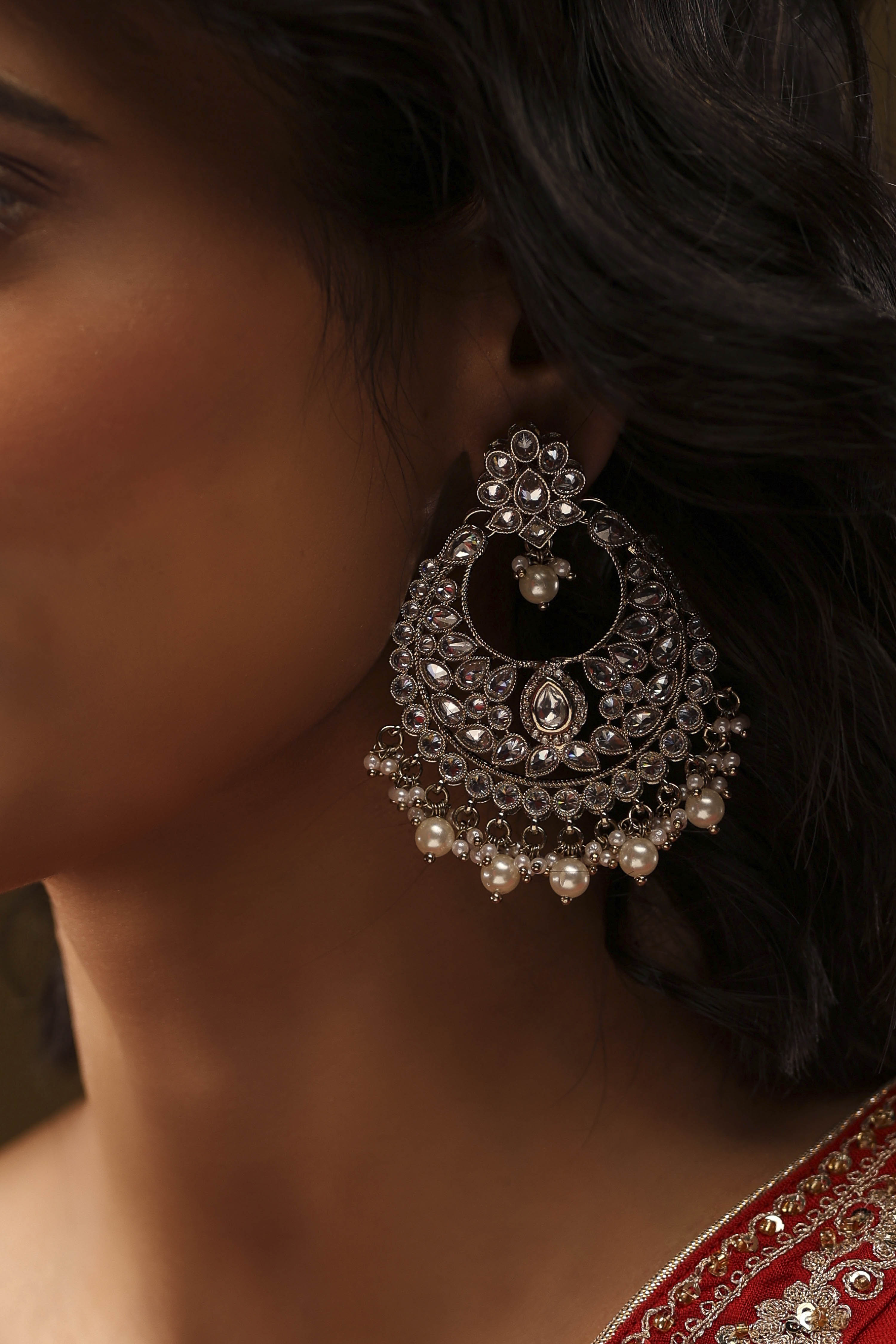 White Pearl Embellished Earrings image number 1