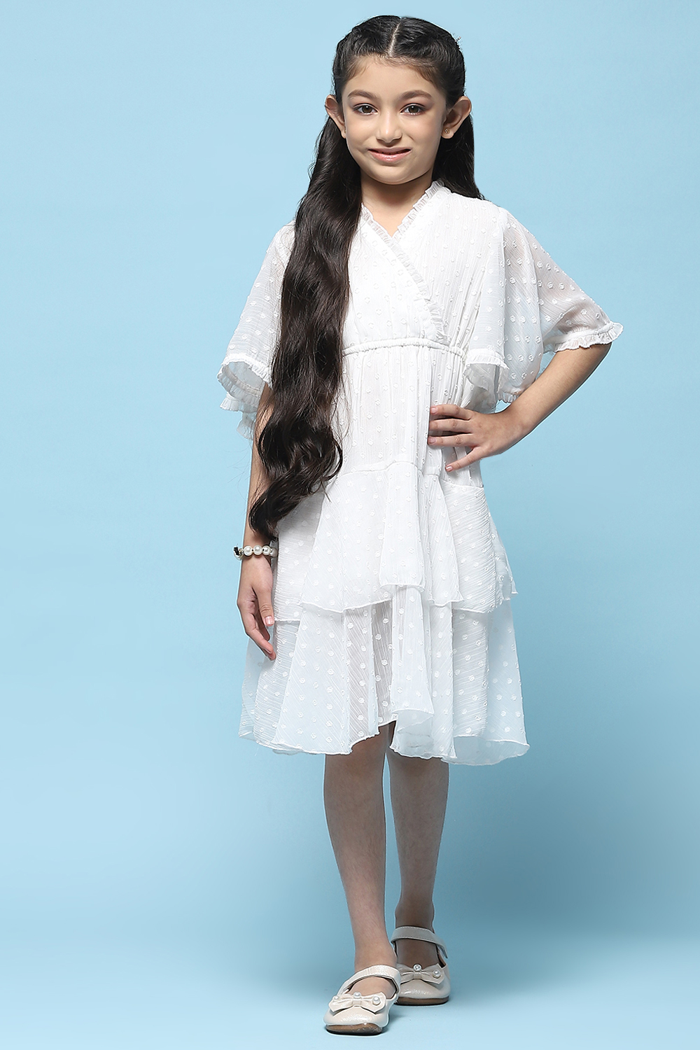 White Chiffon Dobby Tiered Dress image number 5