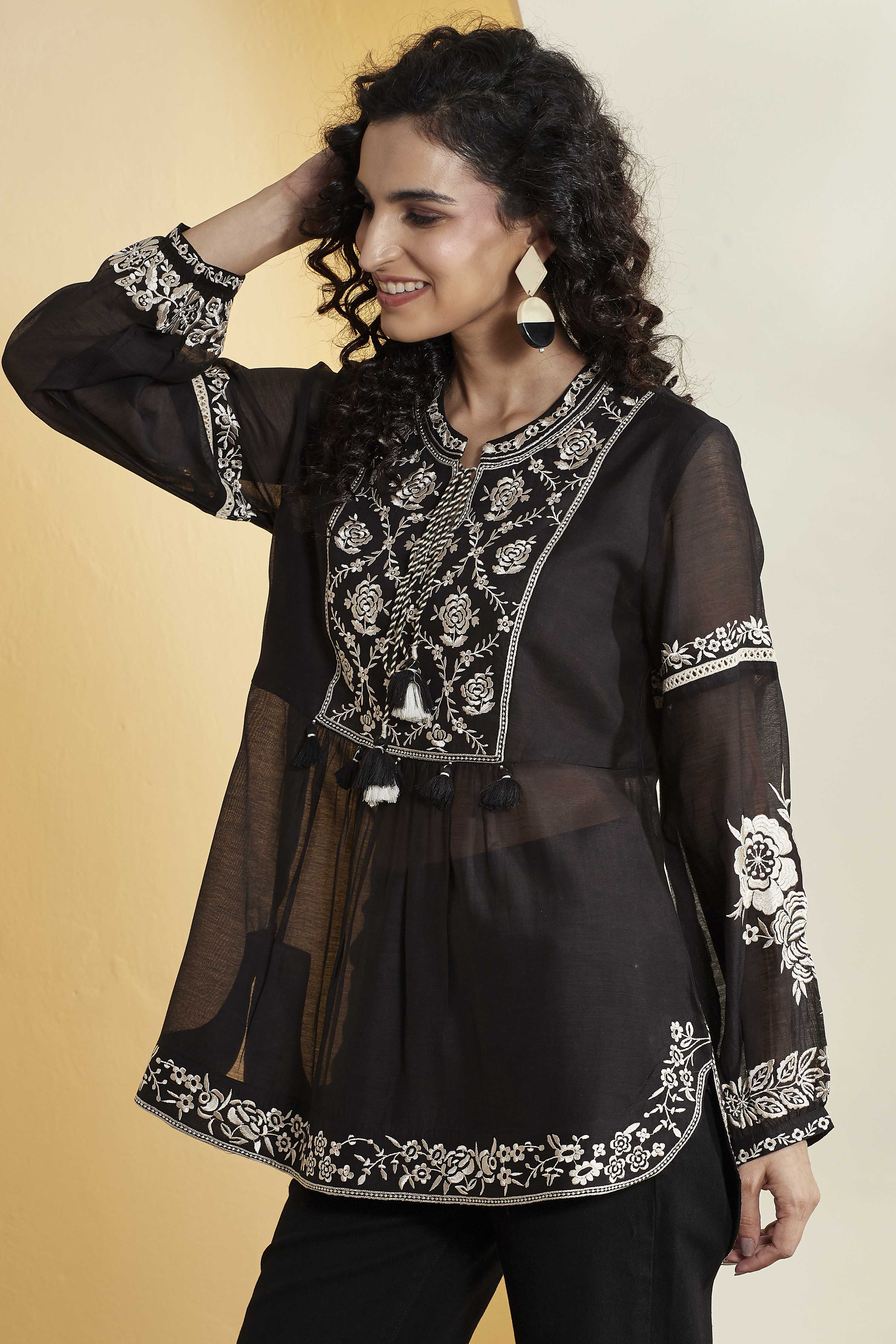 Black Cotton Silk Floral Embroidered Kurti image number 3