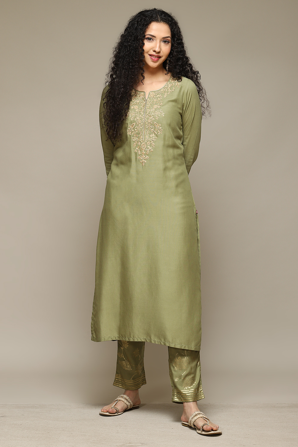 Sap Green Rayon Straight Kurta Palazzo 2 Piece Set image number 3