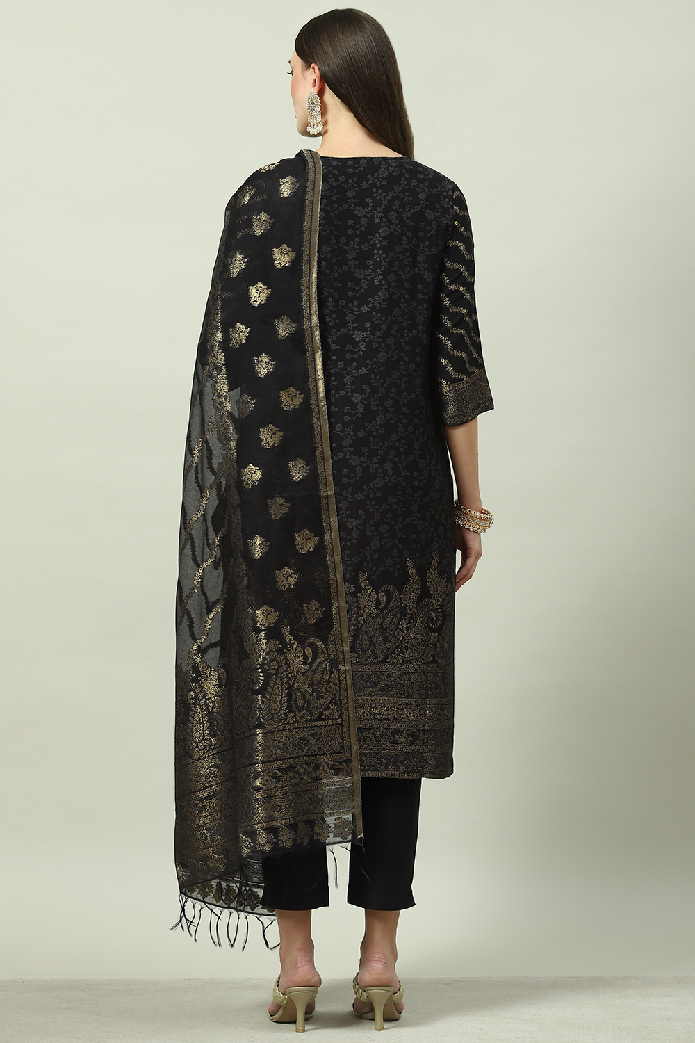 Black Art Silk Straight Kurta Slim Pants Suit Set image number 4