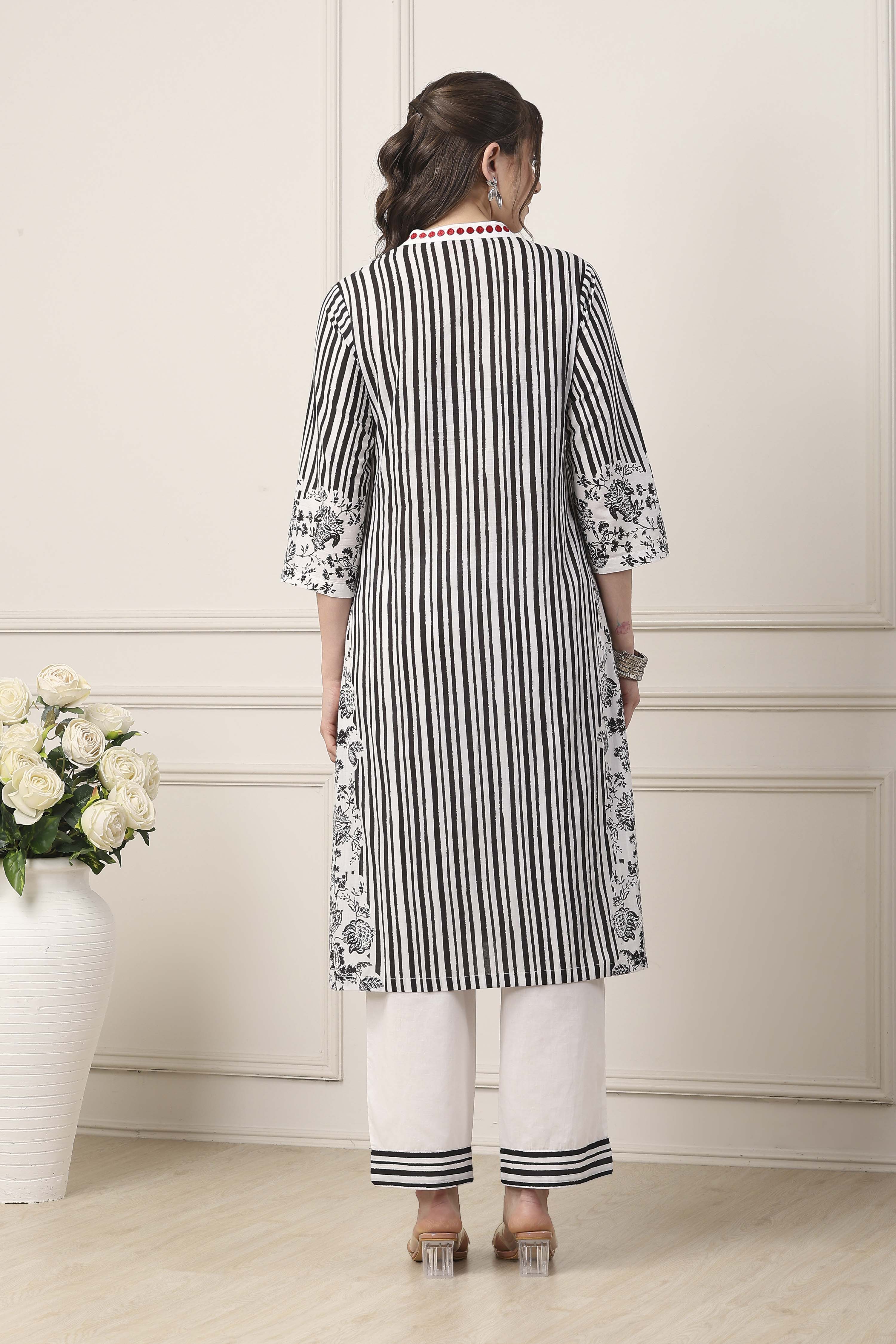 Black Cotton Floral Striped Straight Suit Set image number 4