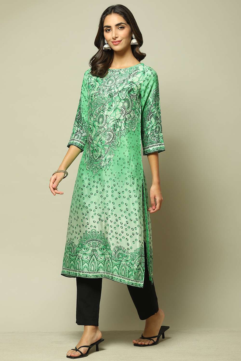 Green LIVA Straight Printed Kurta image number 3