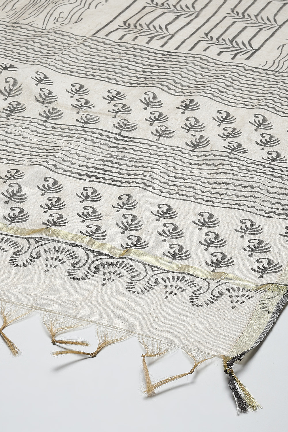 Black Cotton Hand Block Print Unstitched Suit Set image number 7