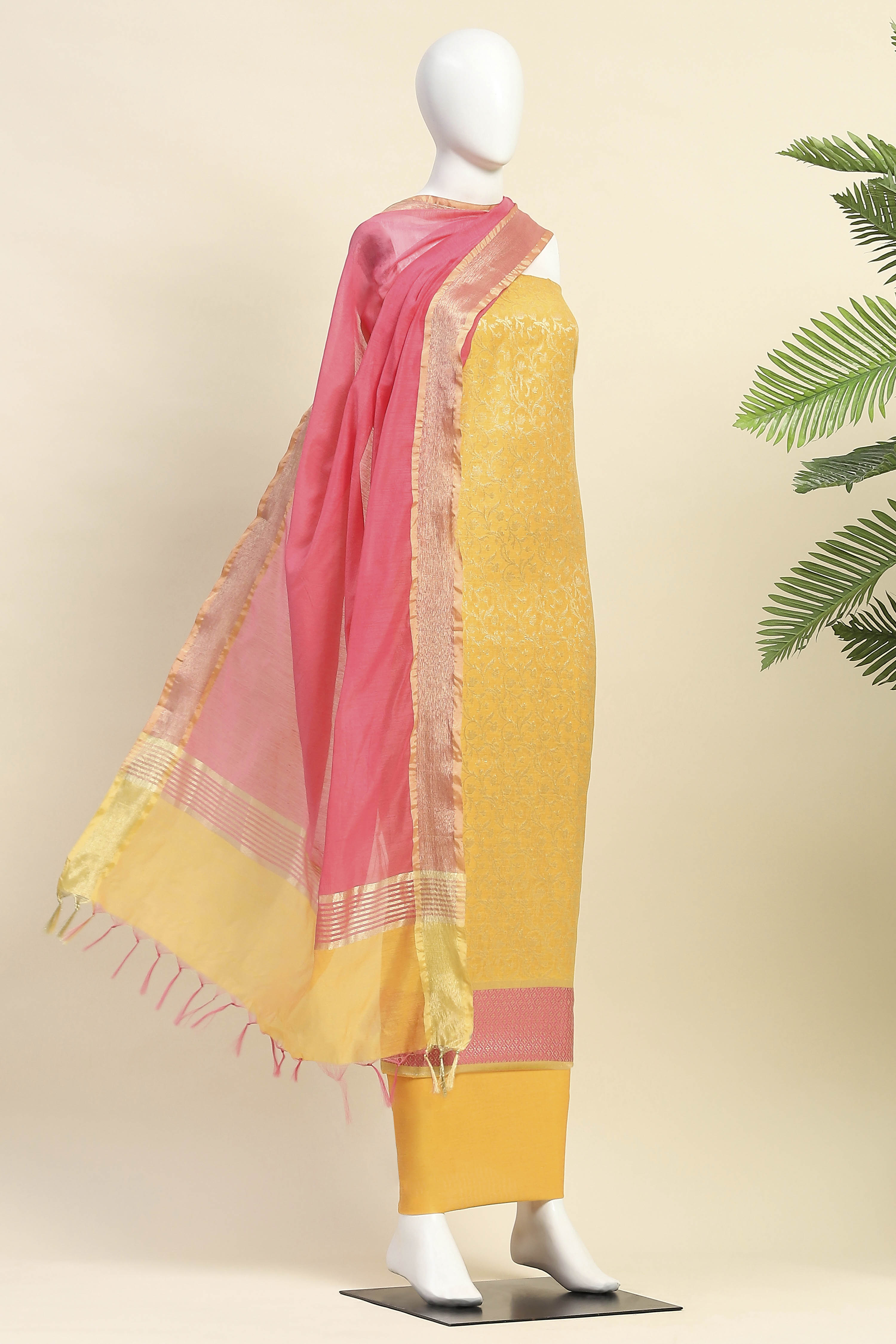 Pink Cotton Printed Embroidered Unstitched Suit Set image number 4