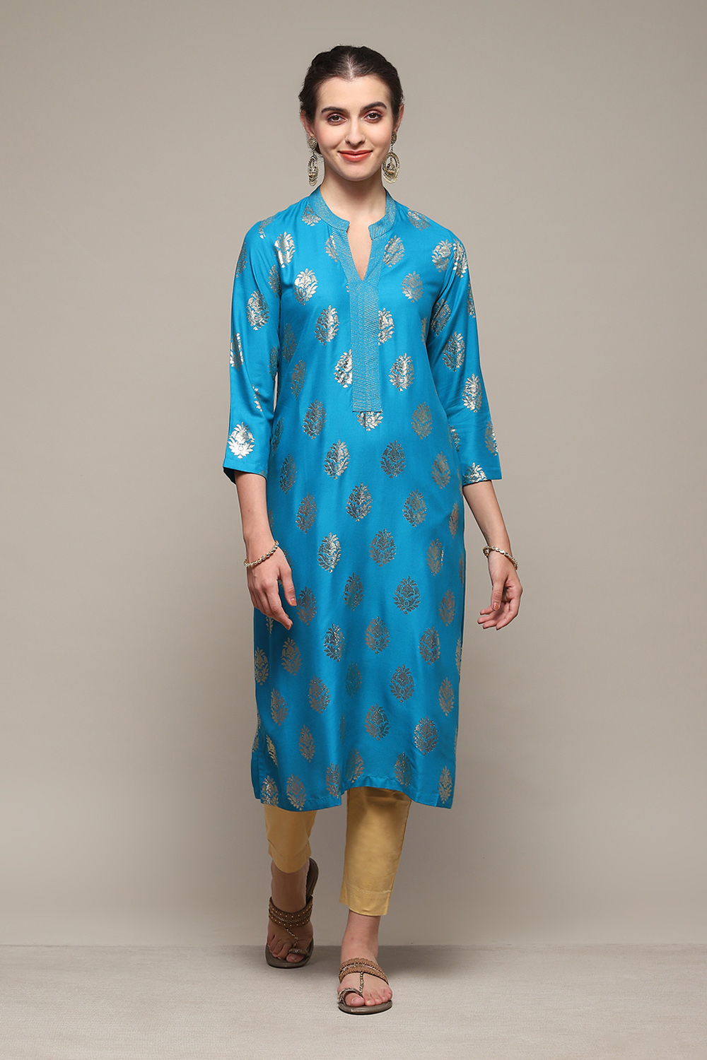 Blue Rayon Straight Printed Kurta