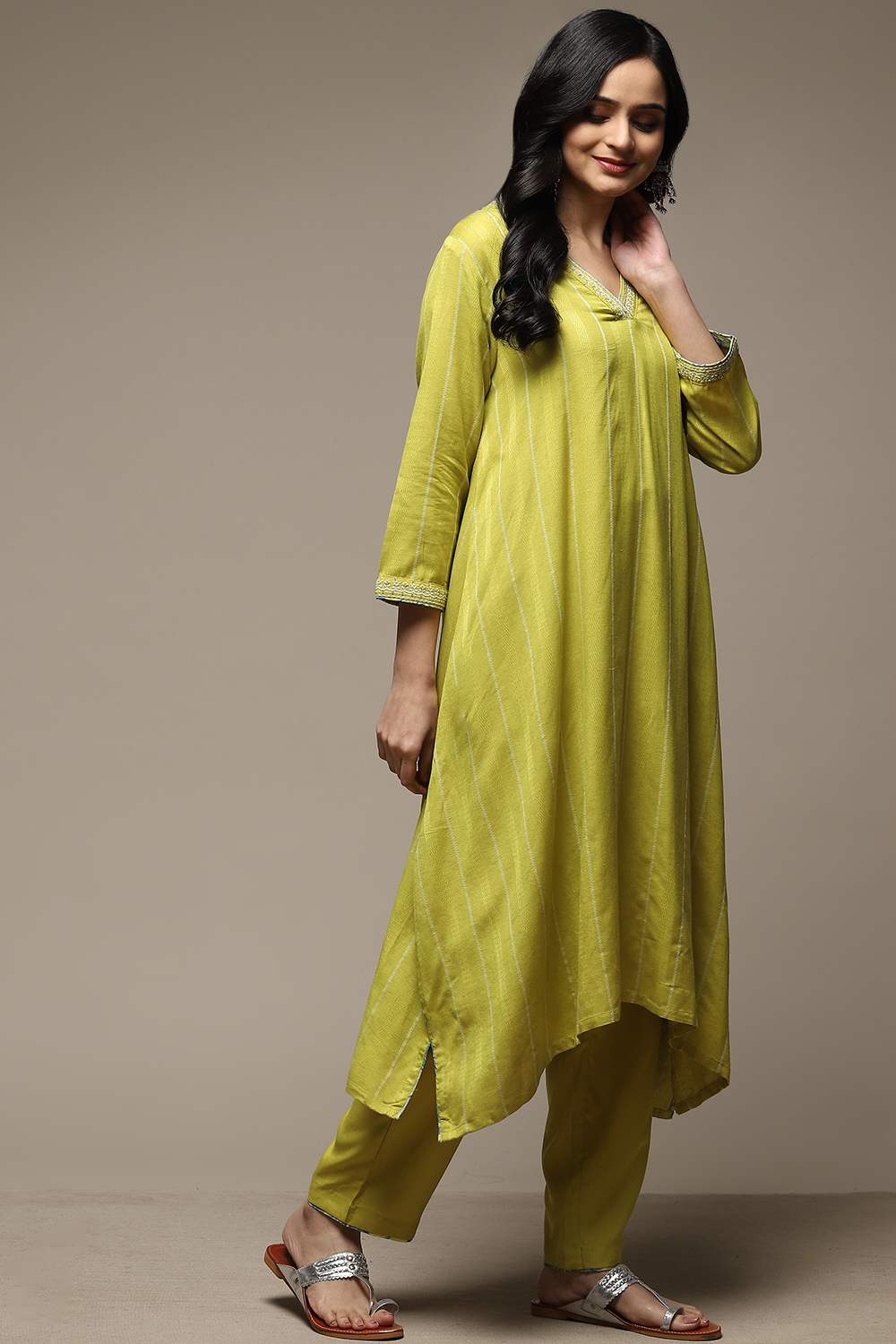 Lime Green Rayon Asymmetric Kurta Pants 2 Piece Set image number 5