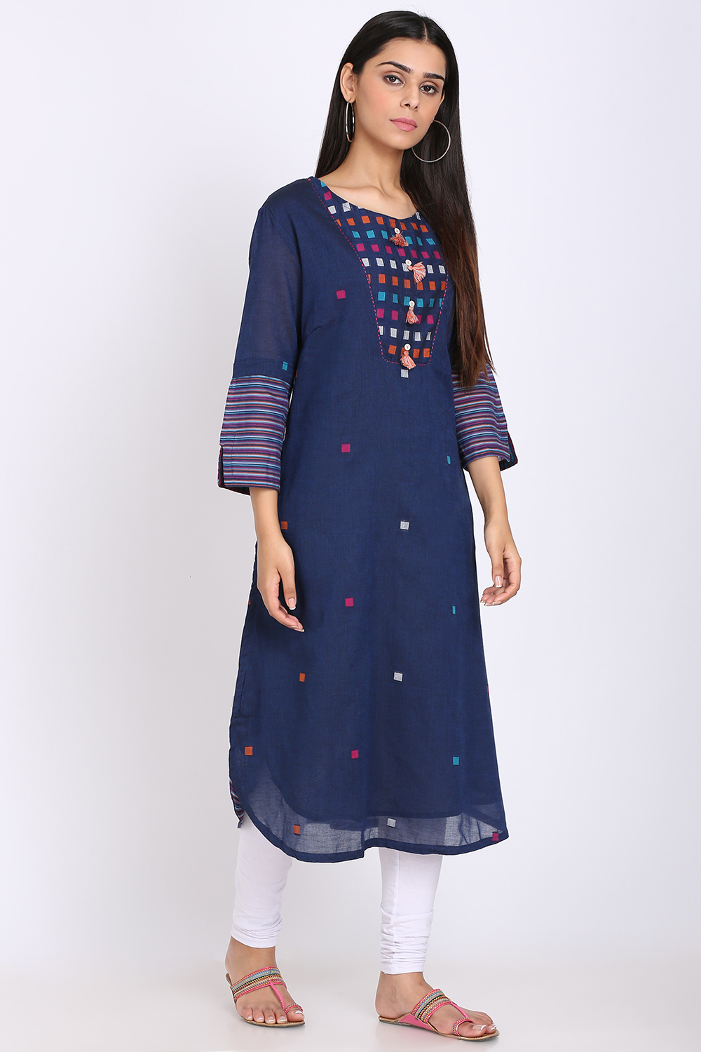 Navy Blue Cotton Straight Yarndyed Kurta image number 3