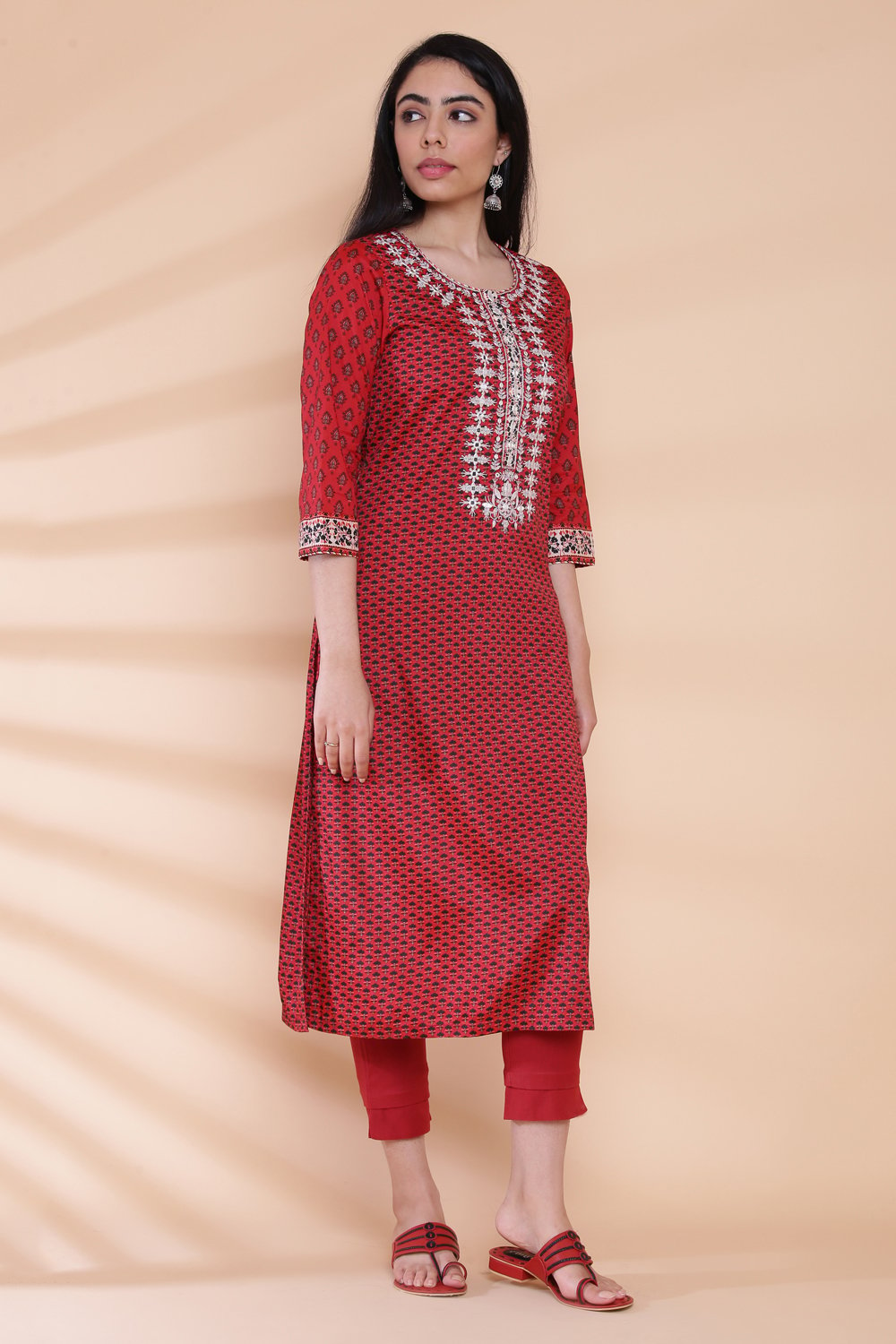 Terracotta Red Viscose Straight Printed Kurta image number 3