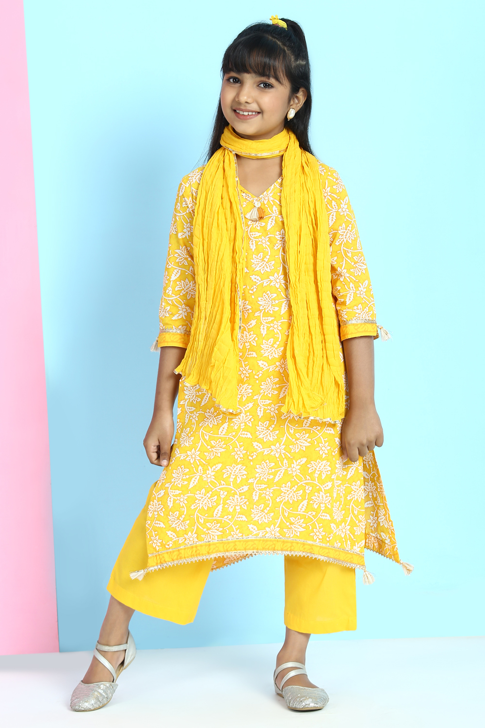 Yellow Cotton A-Line Straight Kurta Palazzo Suit Set image number 2