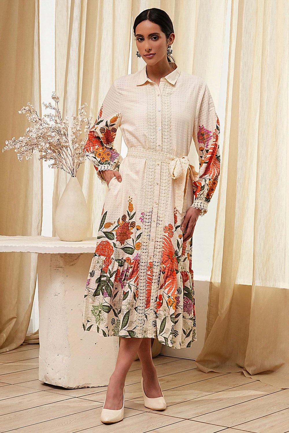 Beige Cotton Floral Shirt-Style Flared Dress image number 5