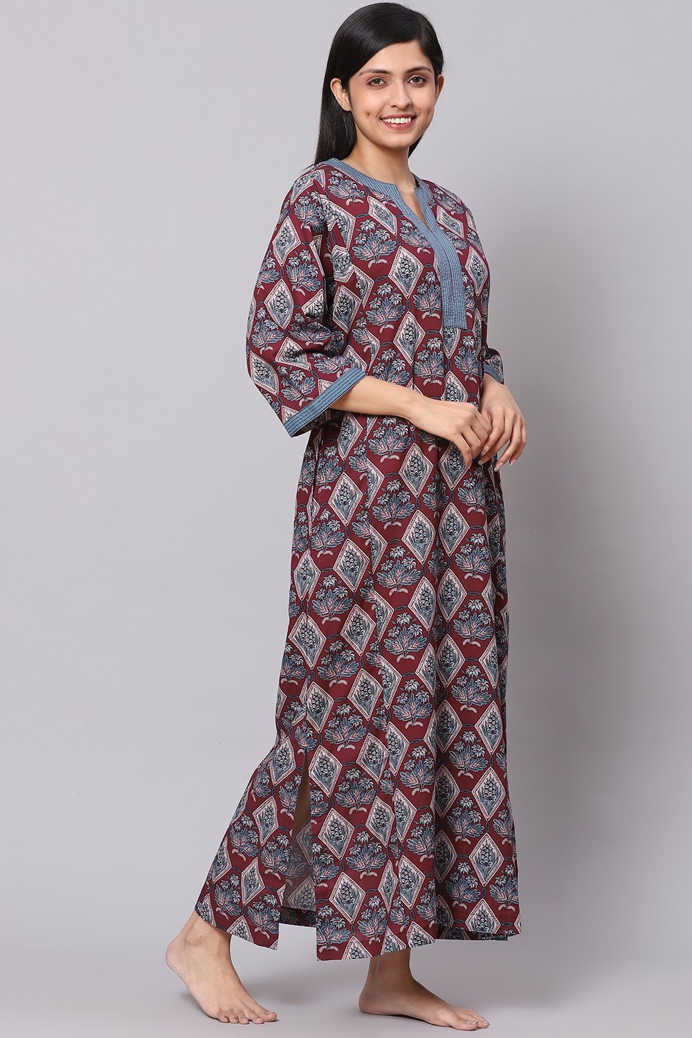Wine Straight Art Silk Printed Sleepwear image number 0