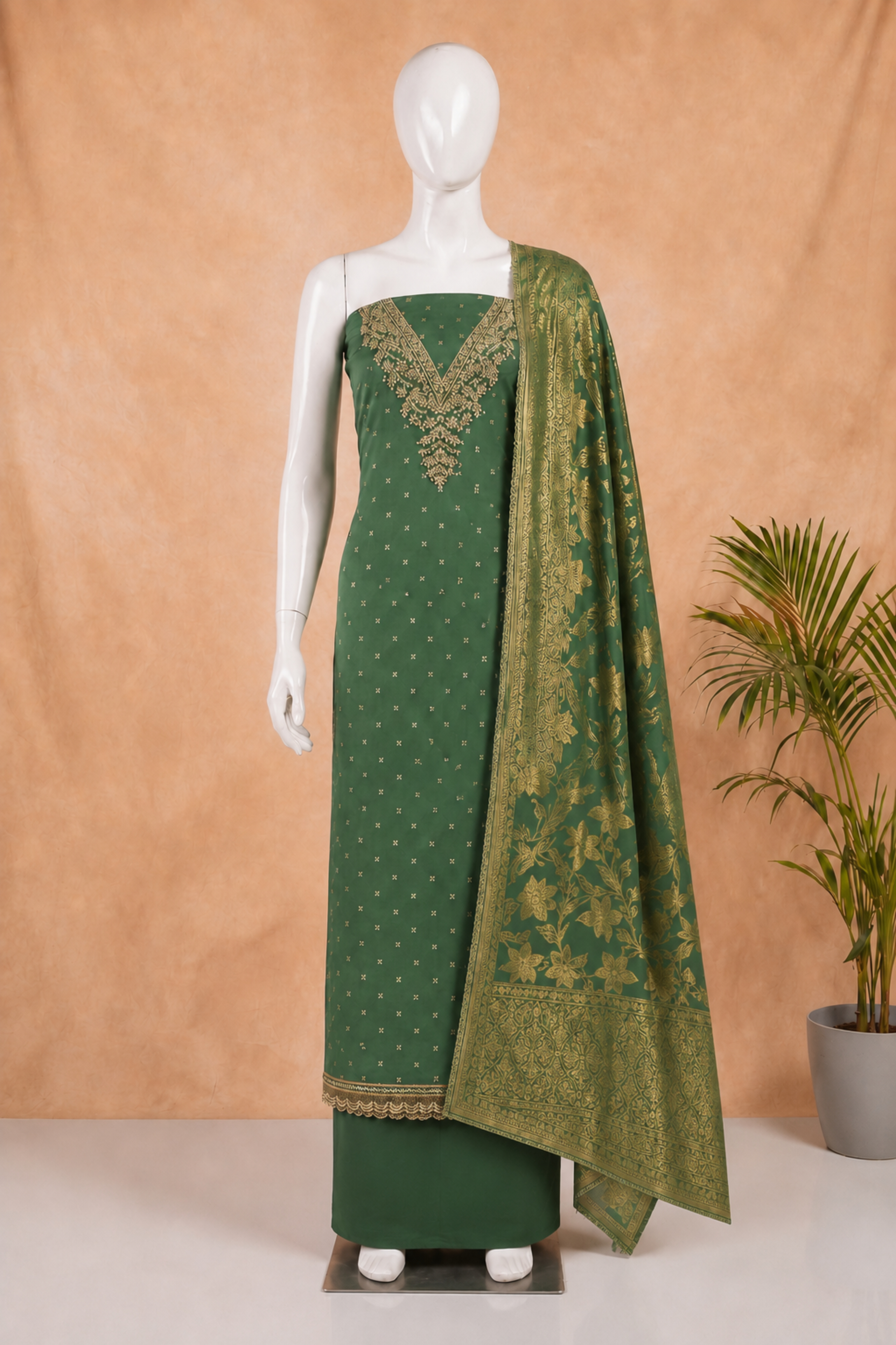 Purple Banarasi Booti Print Unstitched Suit Set image number 3