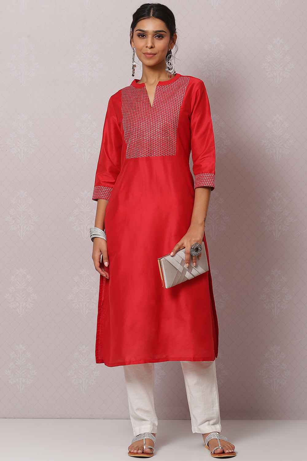 Red Straight Nylon Viscose Kurta image number 5