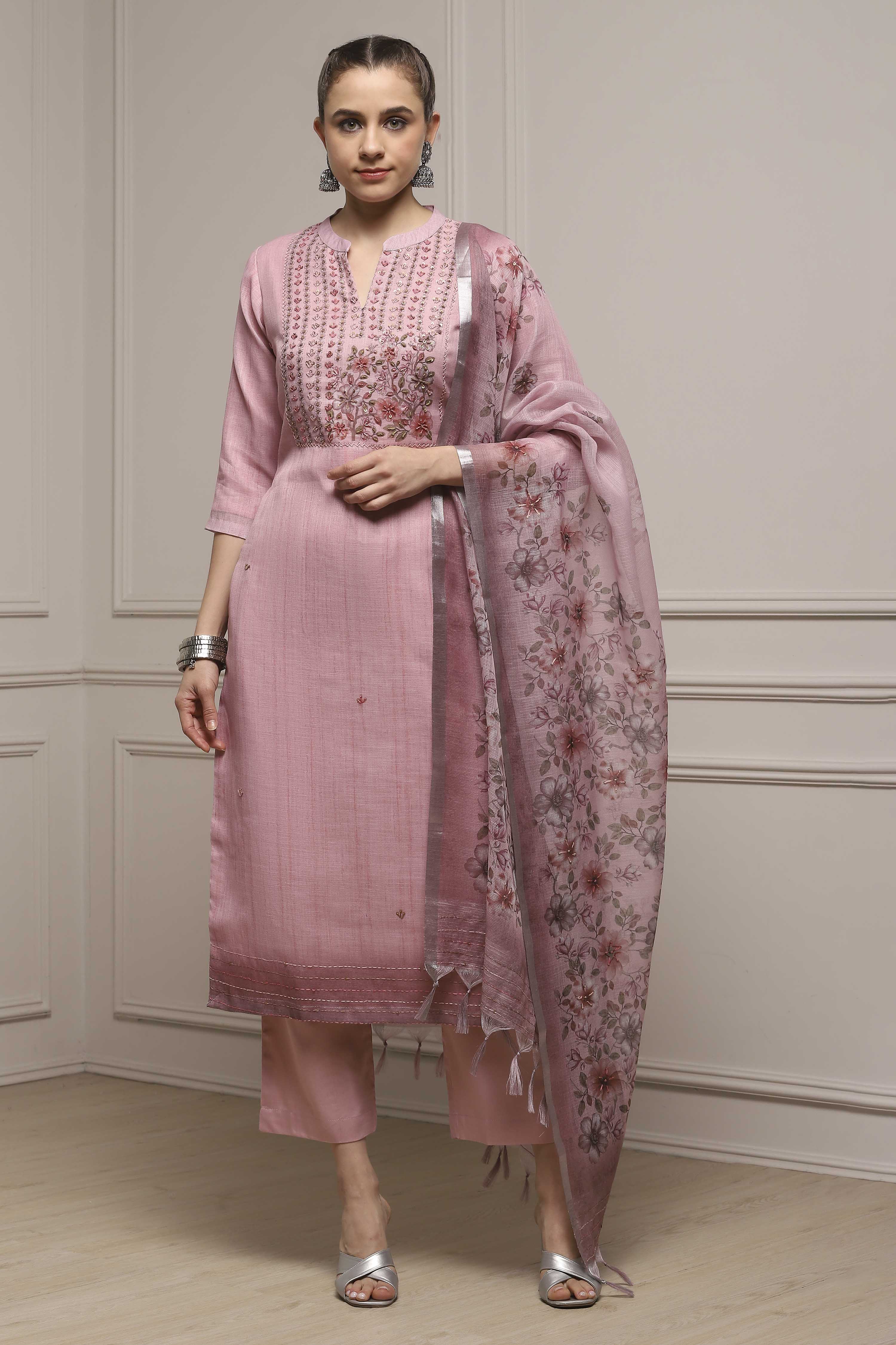 Pink Linen Blend Hand Embroidered Unstitched Suit Set image number 1