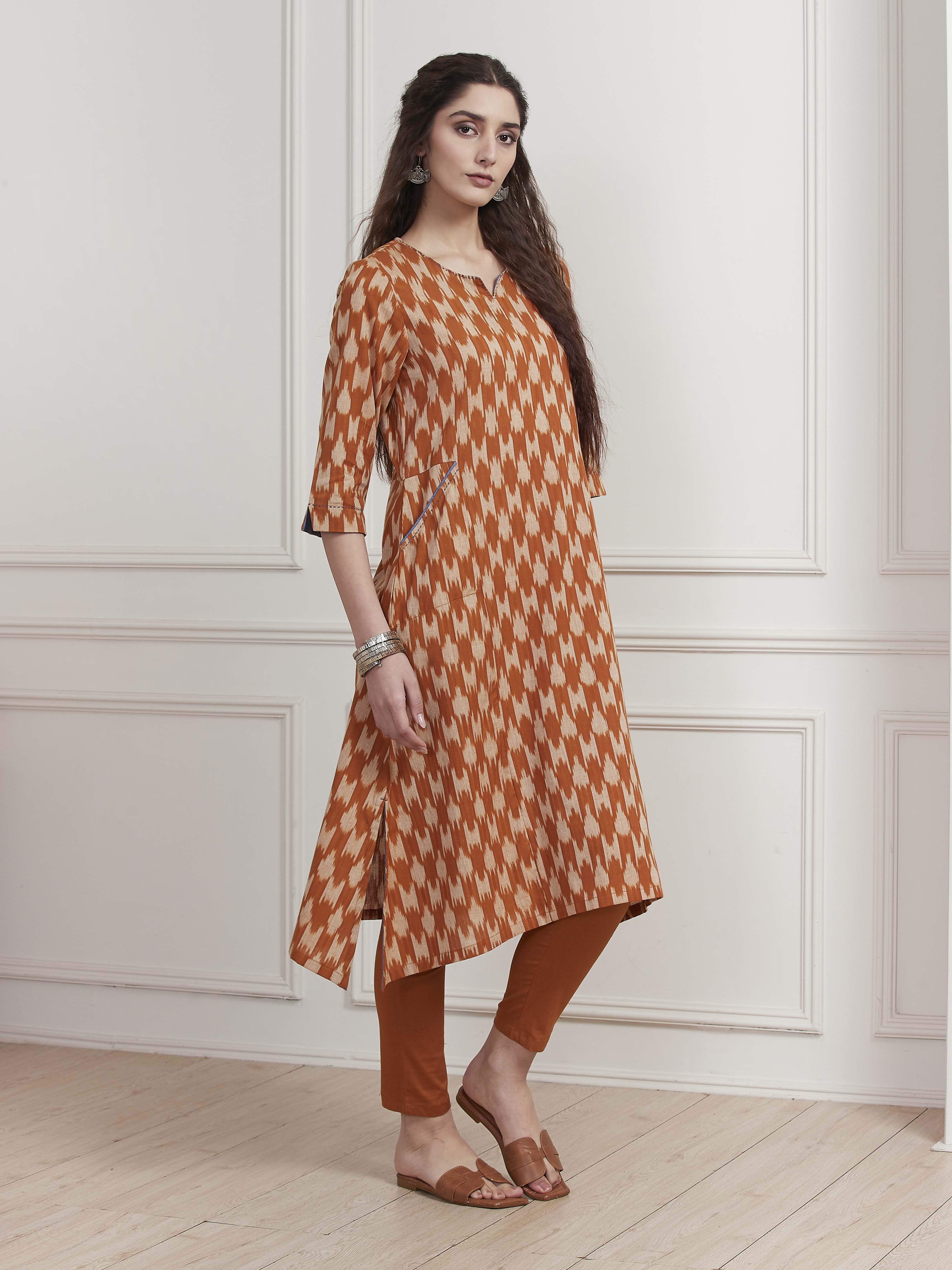 Rust Cotton Ikat Printed A-Line Kurta image number 4