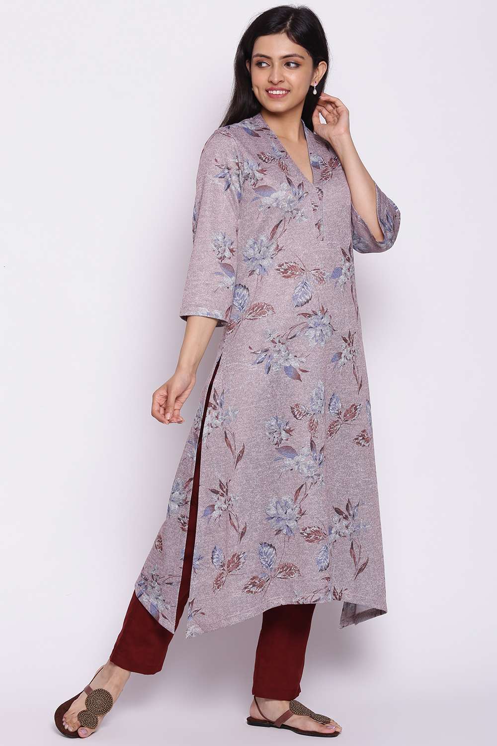 Blush Pink Straight Woolen Printed Kurta image number 4