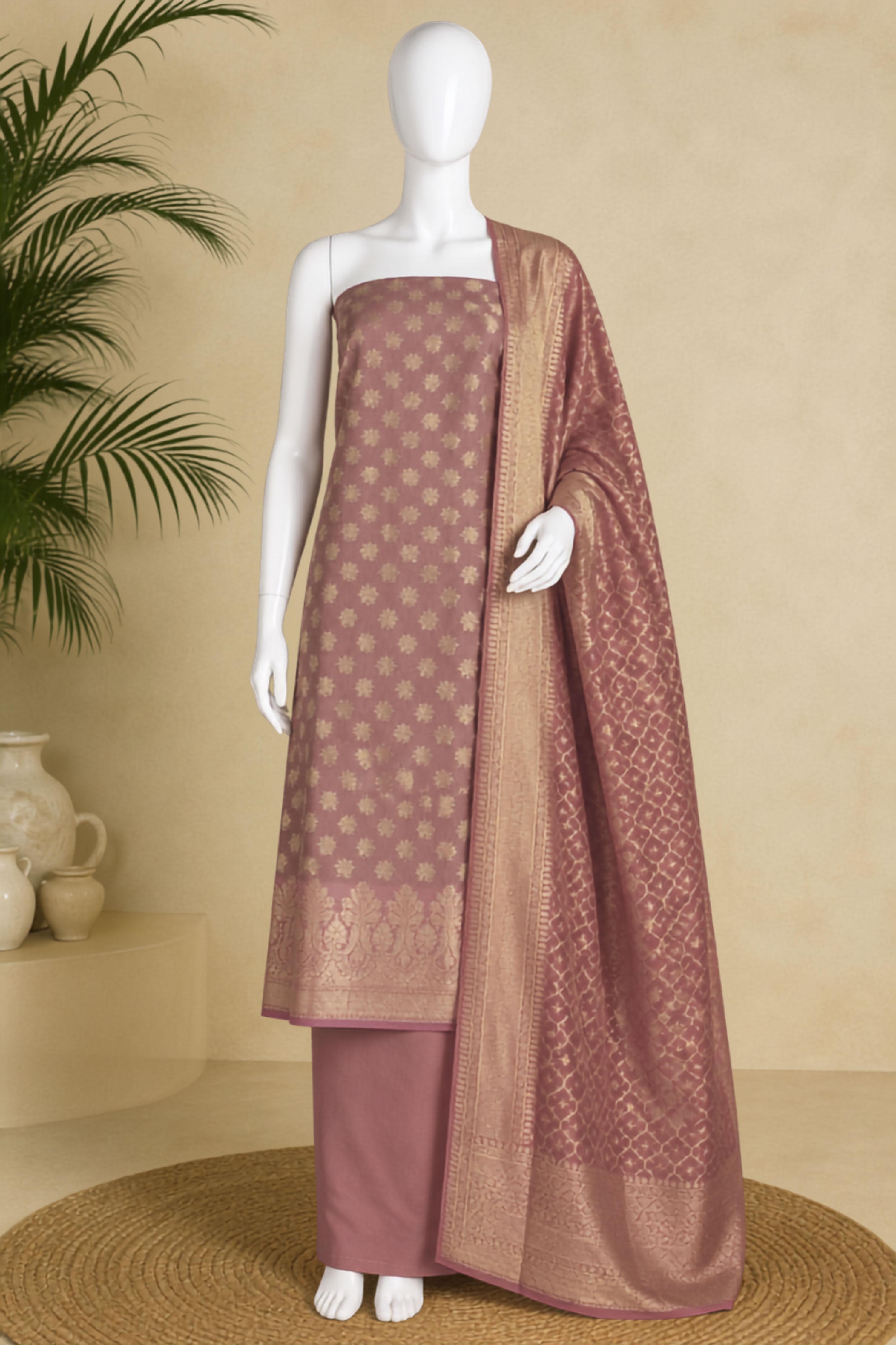 Purple Chanderi Banarsi Weave Unstitched Suit Set image number 5