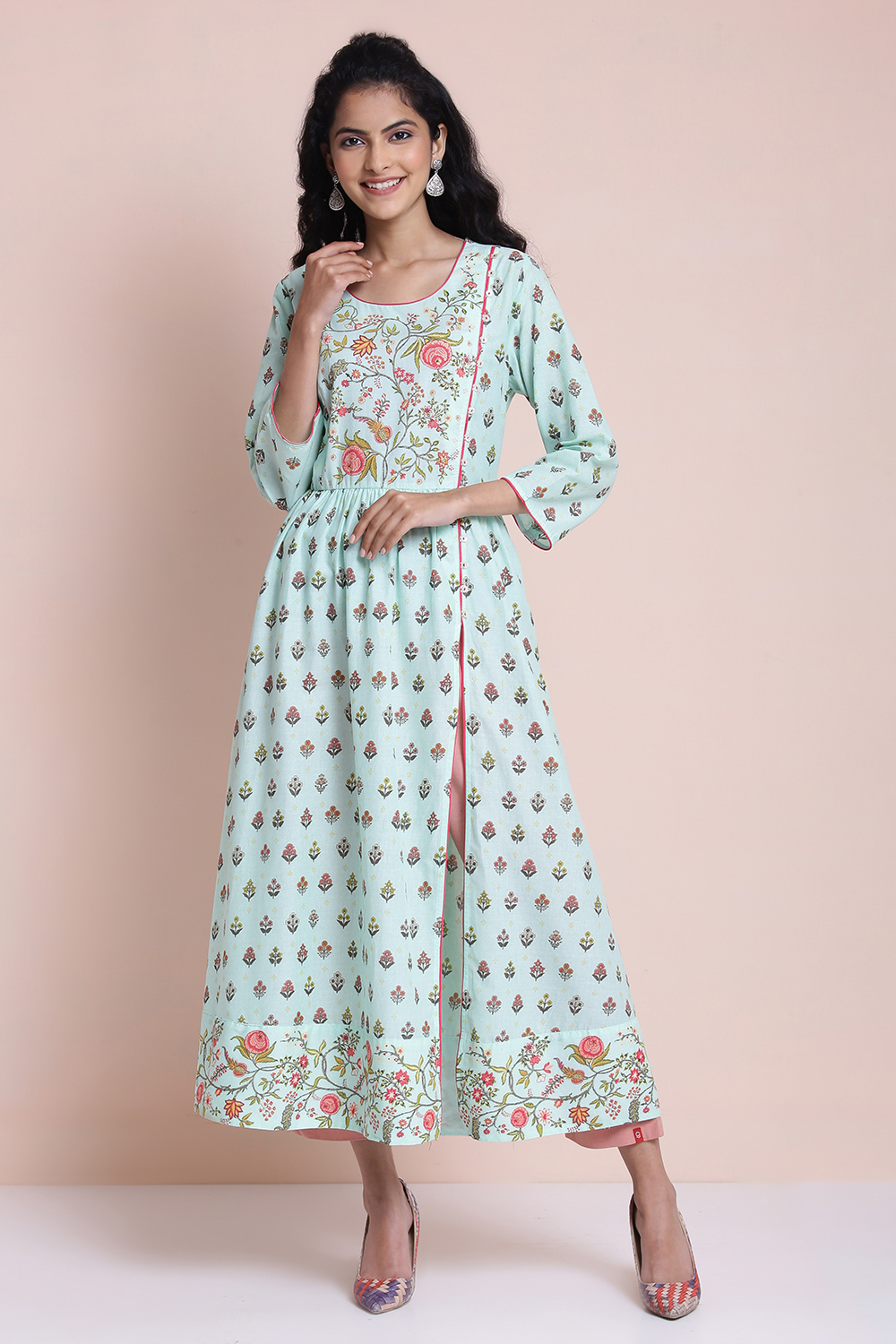 Mint Cotton High Slit Printed Kurta image number 3