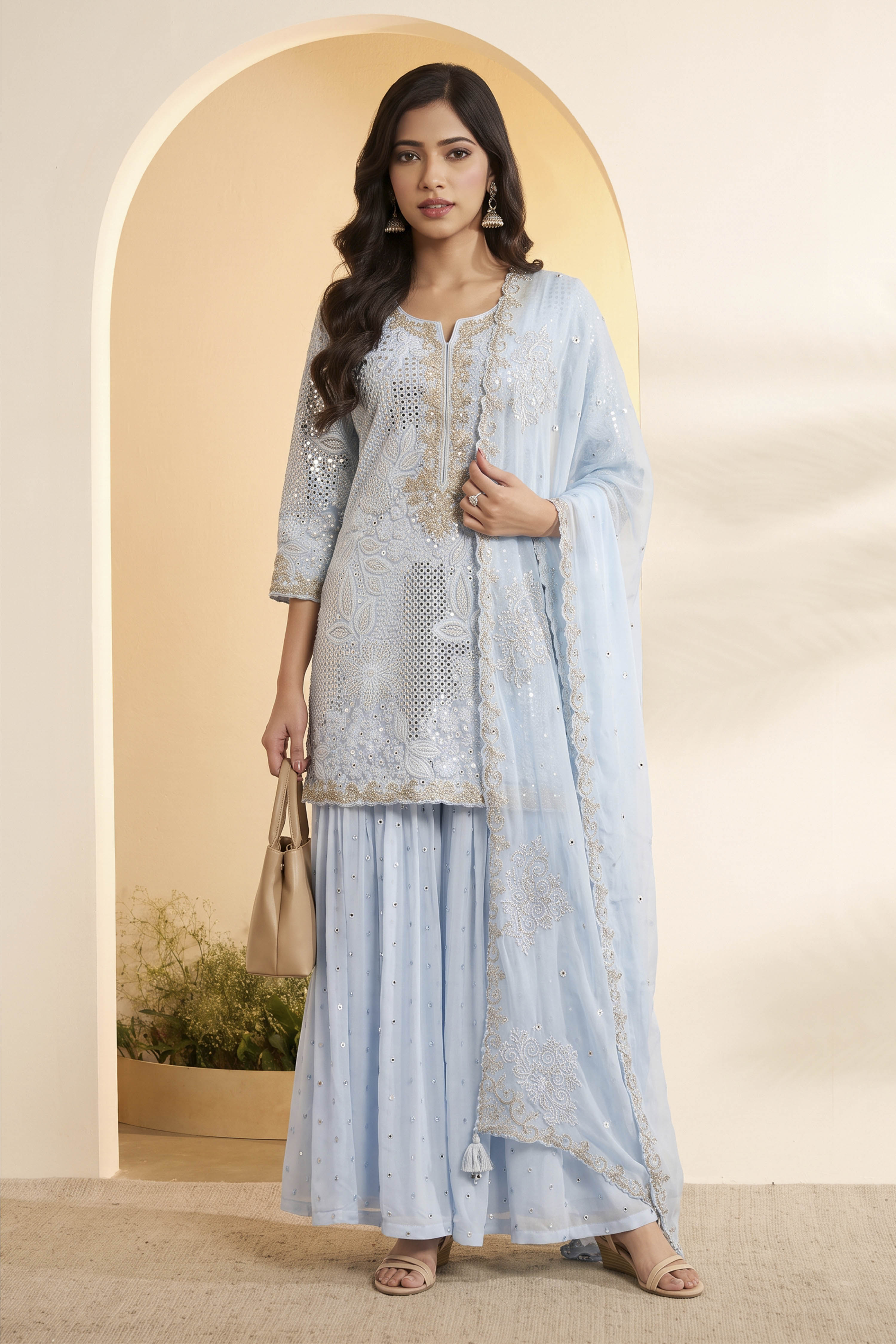 Powder Blue Butterfly Net Embroidered Sharara Suit Set image number 0
