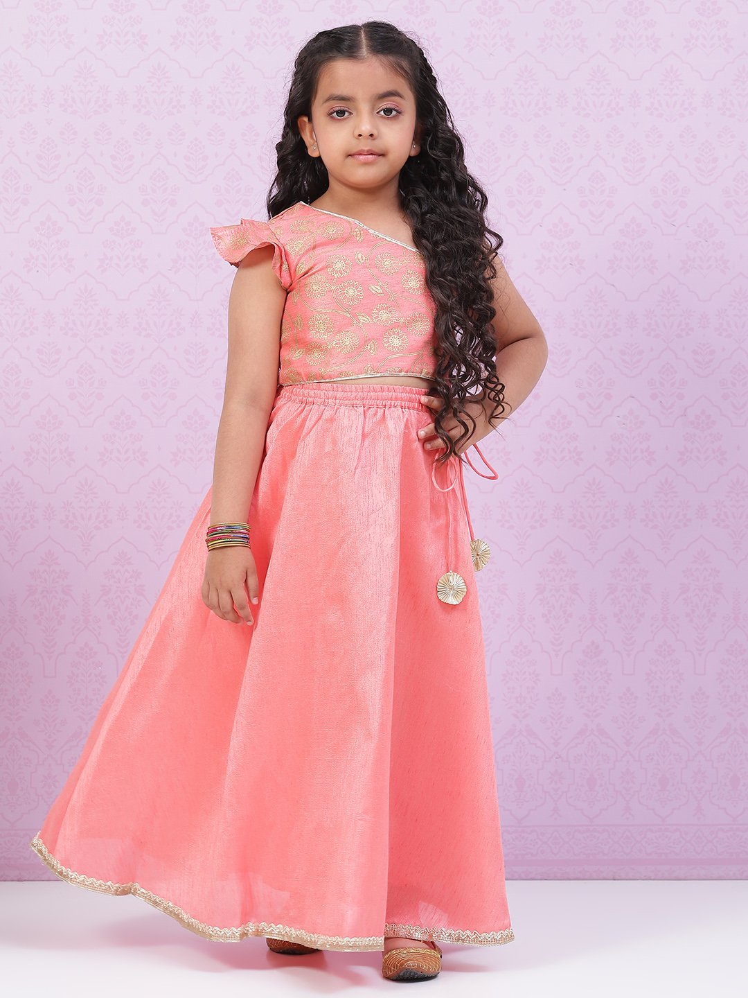 Peach Art Silk Girls Lehenga Set image number 0