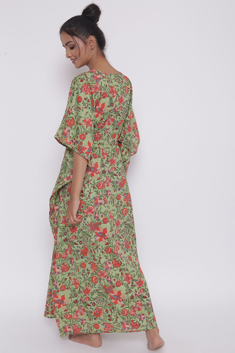 Green Cotton Printed Loungewear Kaftan image number 5