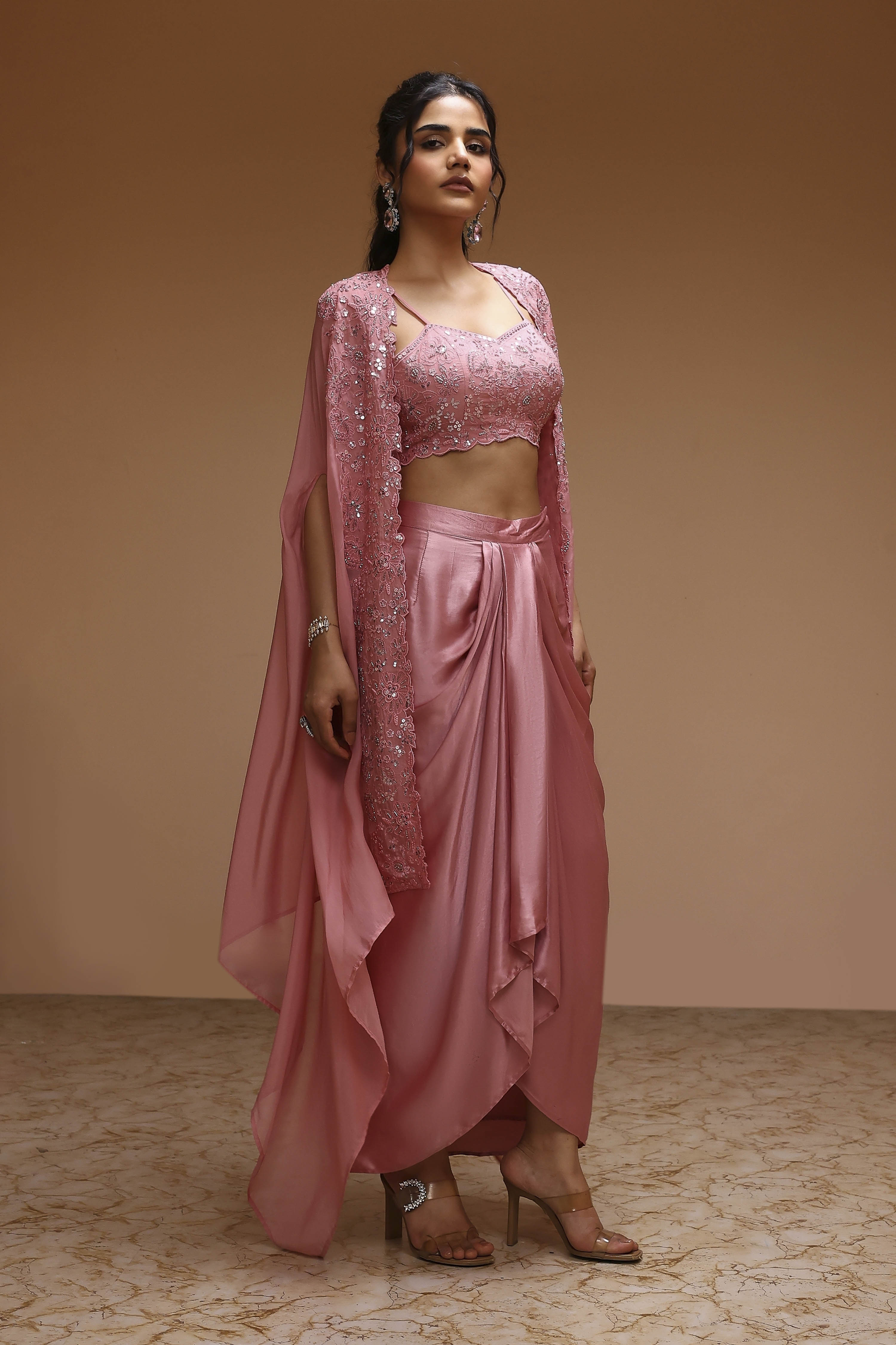 Rose Pink Viscose Organza Fusion Skirt Set image number 5