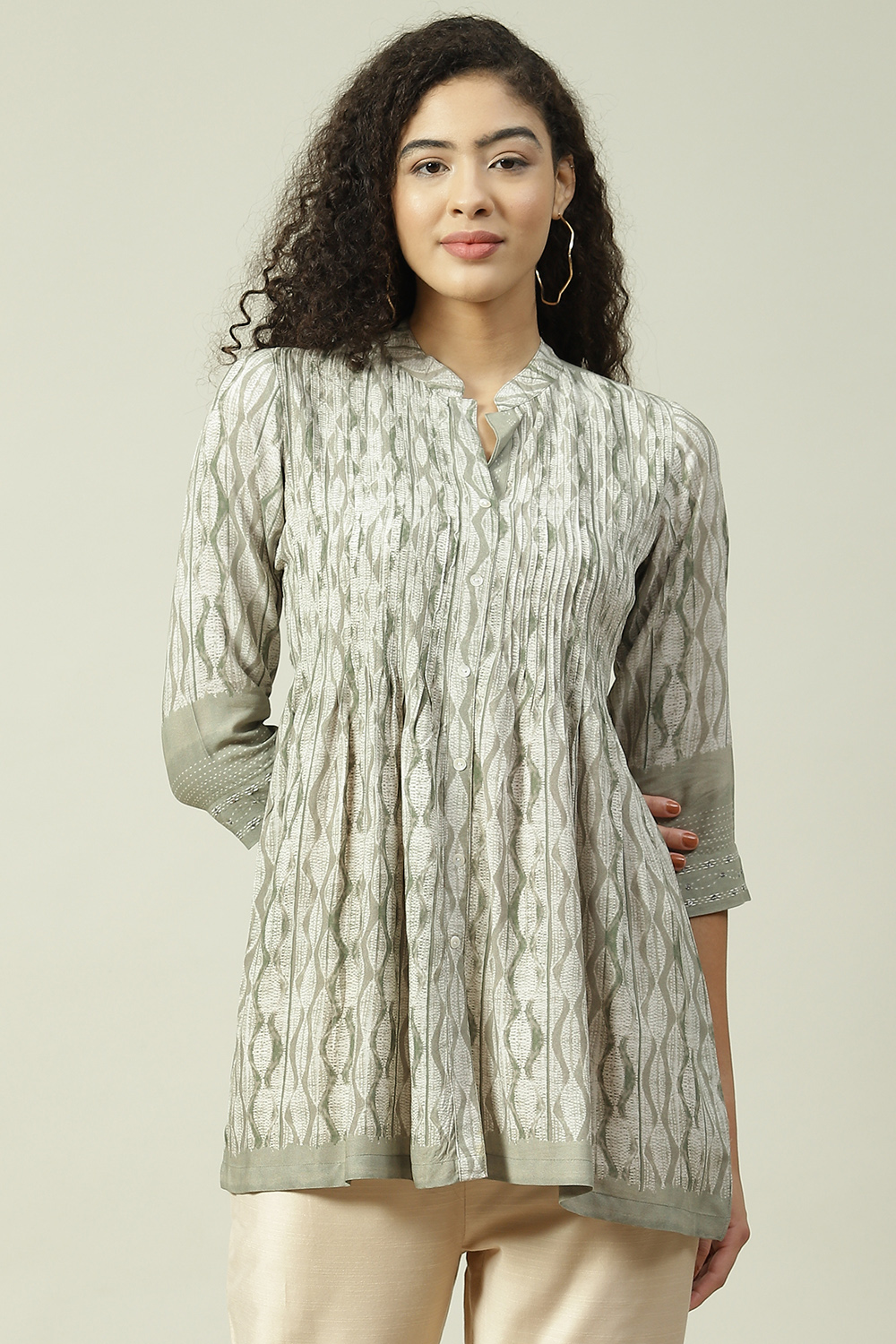 Ash Grey LIVA Flared Printed Short Kurti image number 0