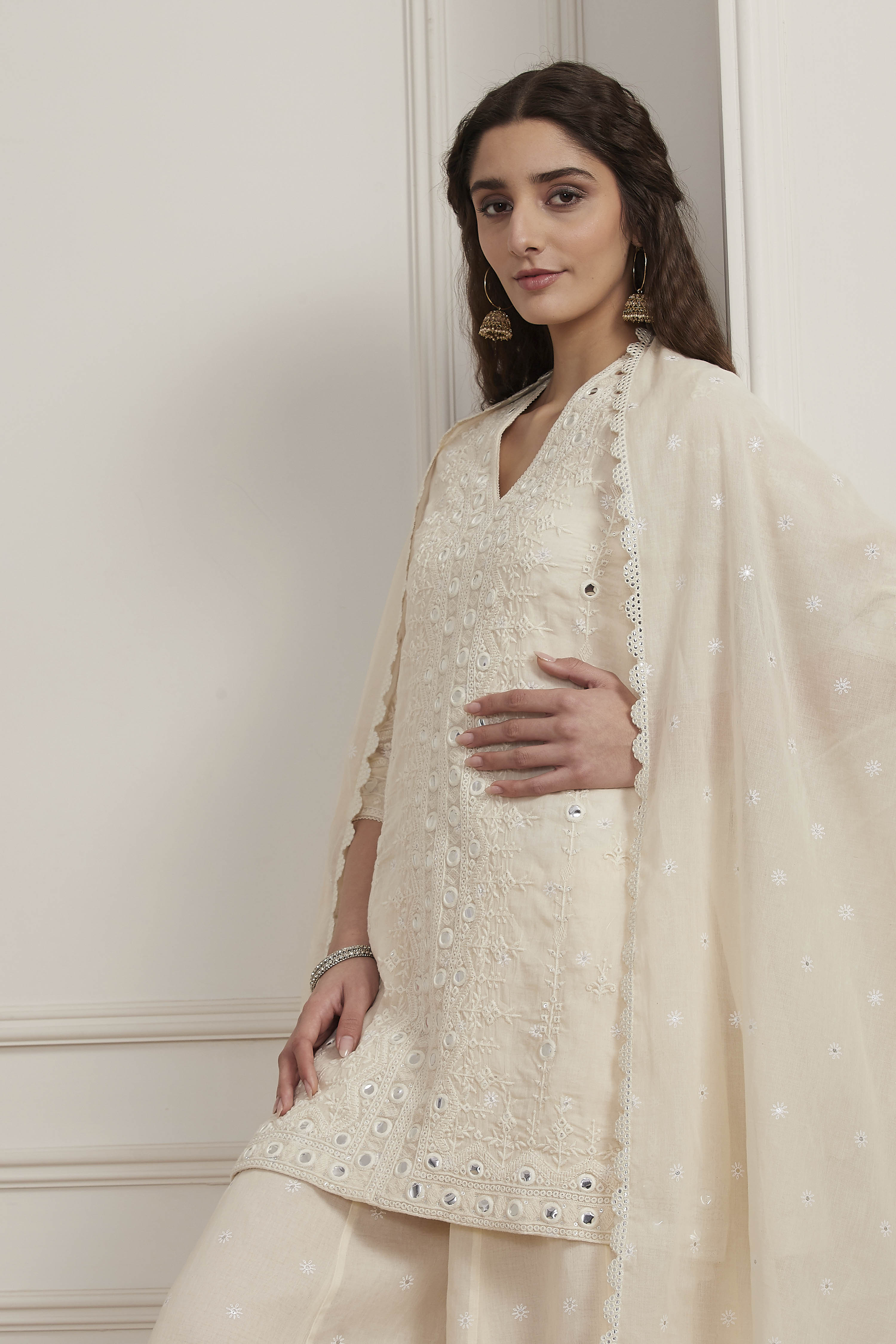 Ecru Cotton Embroidered Straight Sharara Suit Set image number 9