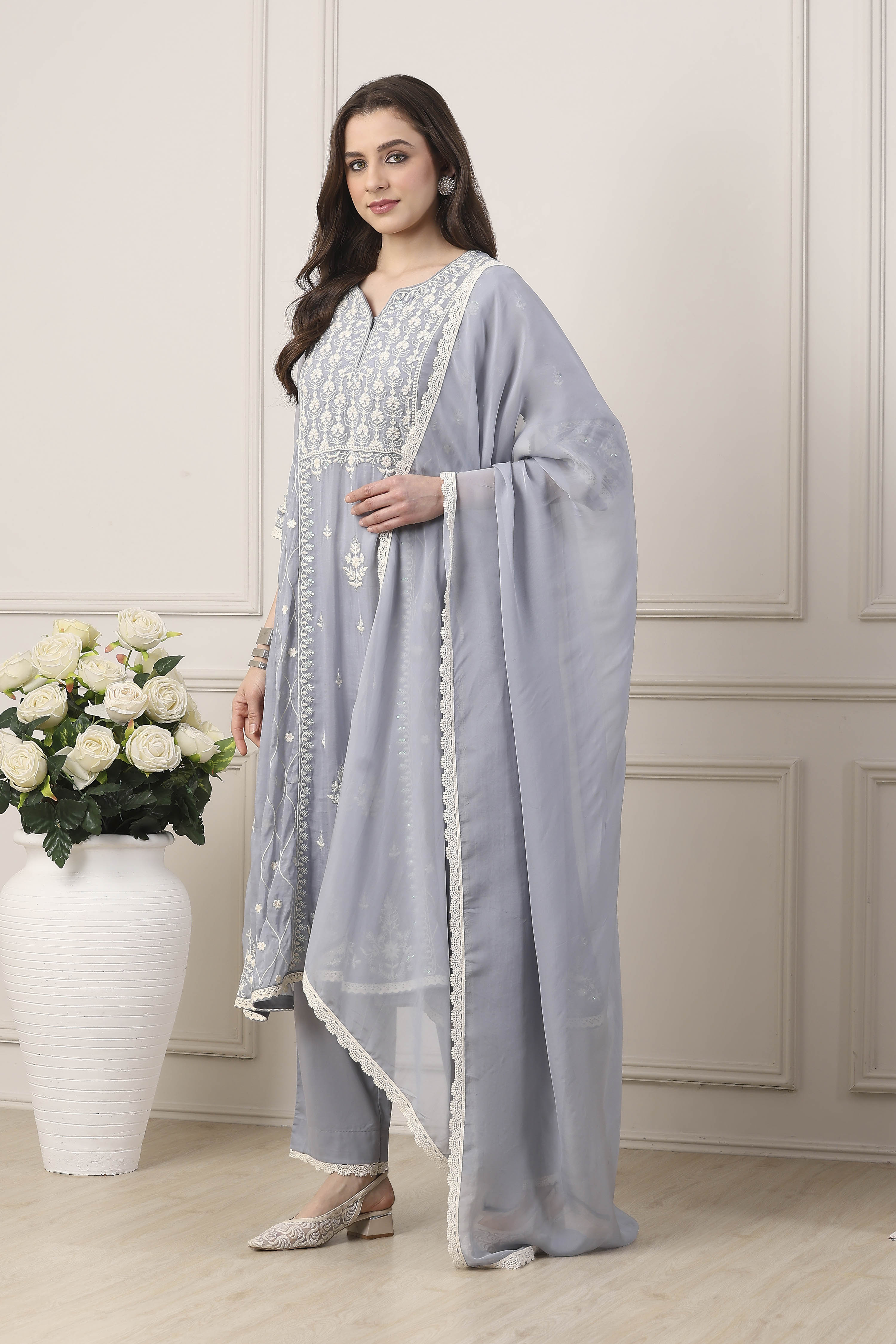 Blue Viscose Organza Floral Embroidered Kalidar Suit Set image number 3