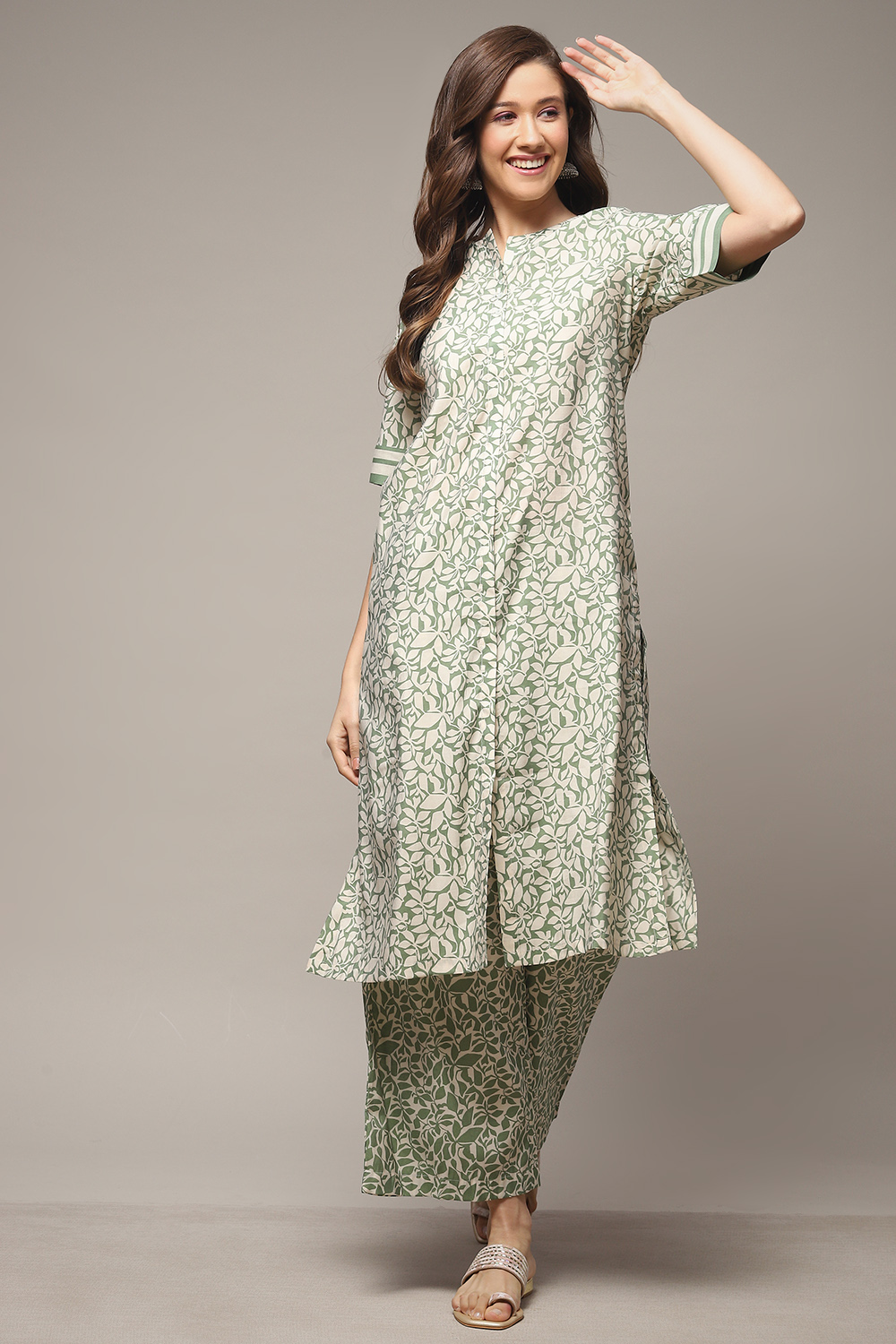 Sage Green Viscose Straight Printed 2 Piece Set image number 0