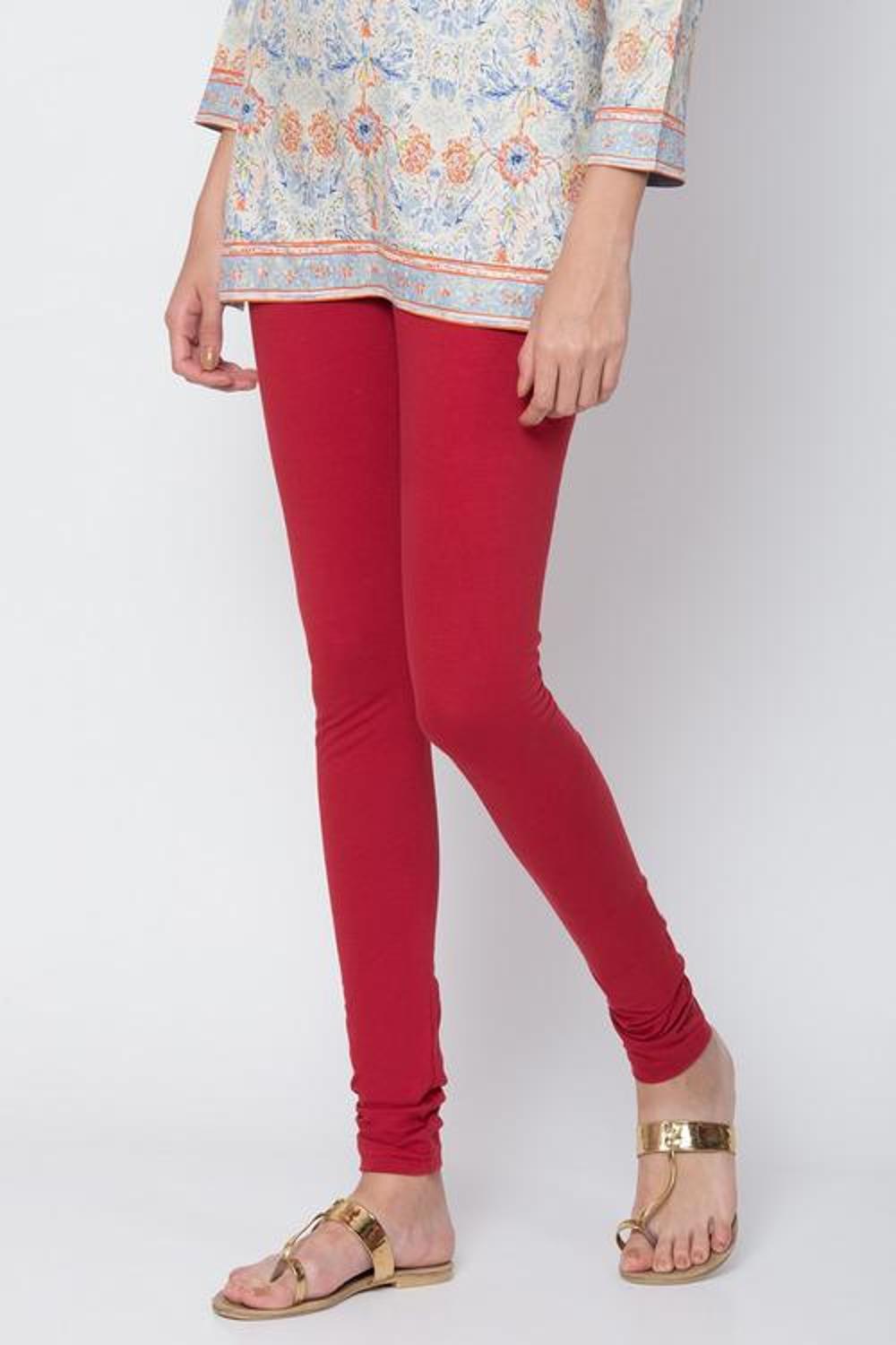 Red Cotton Blend Dyed Leggings