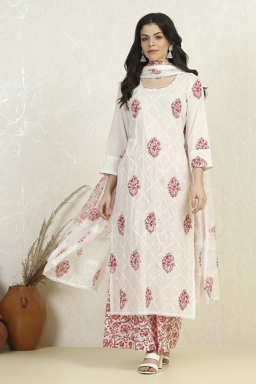 White Pink Cotton Hand Block Print Unstitched Suit Set image number 7