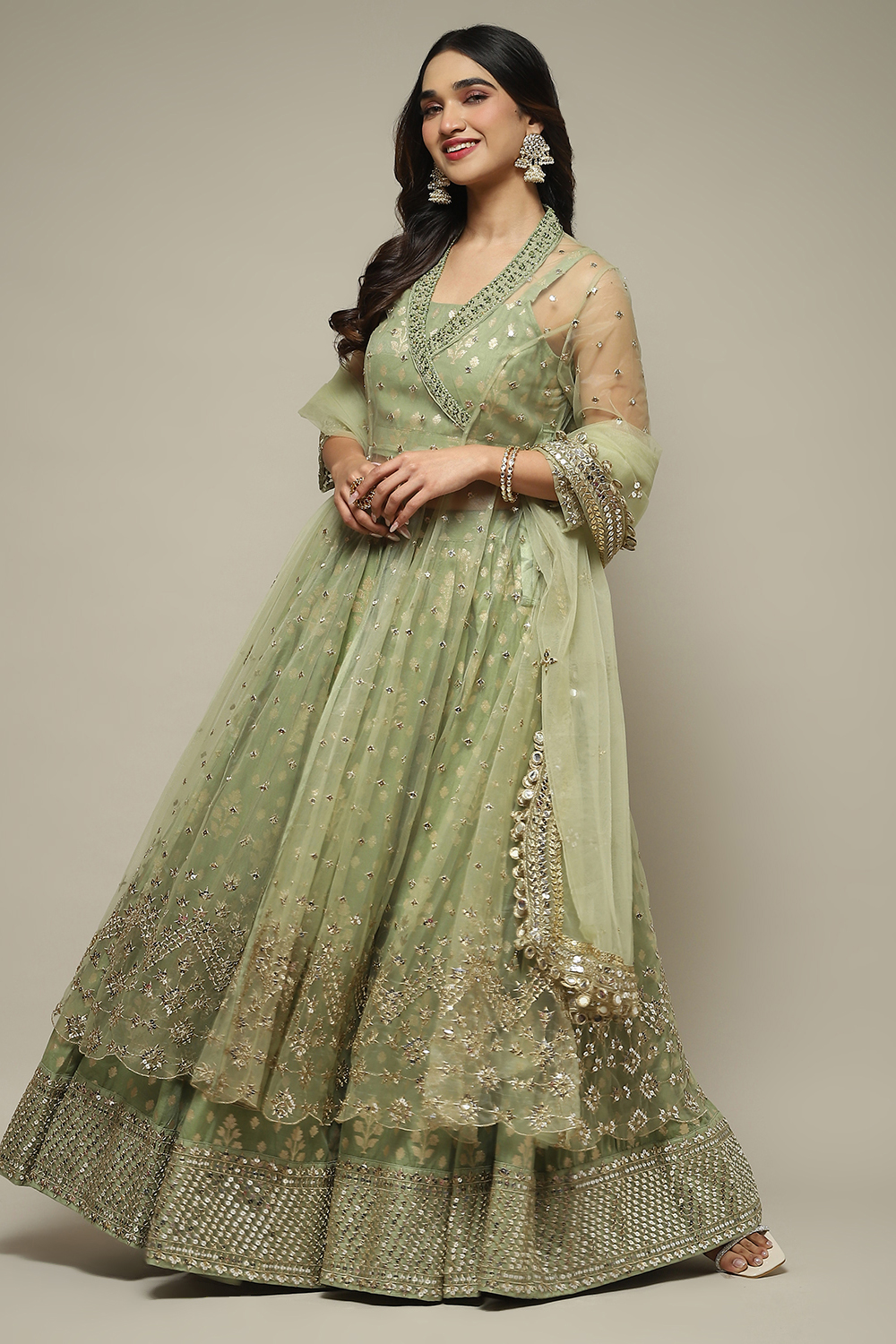 Mint Green Nylon Embroidered Lehenga Set image number 4