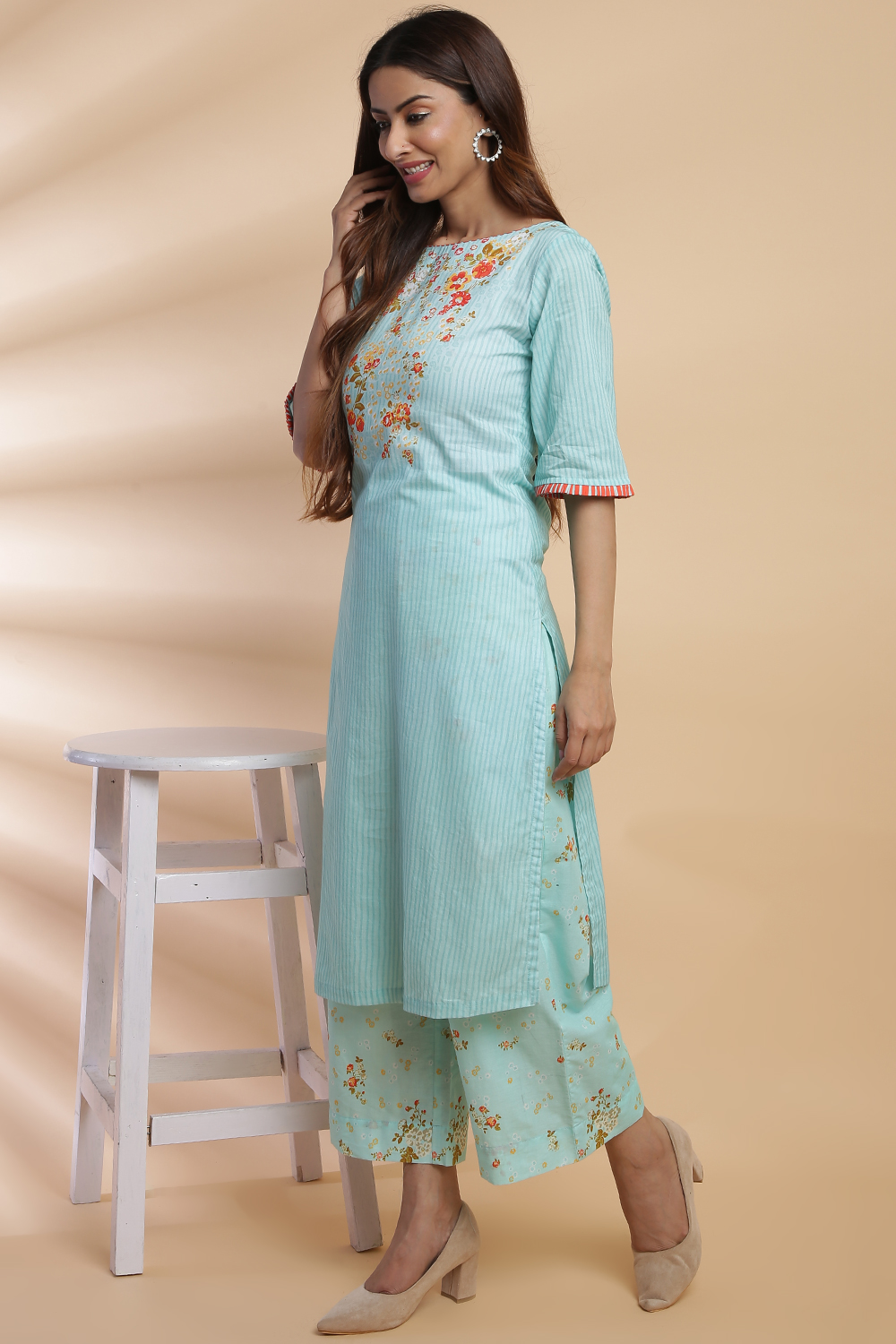 Mint Cotton Straight Kurta Pants Set image number 3