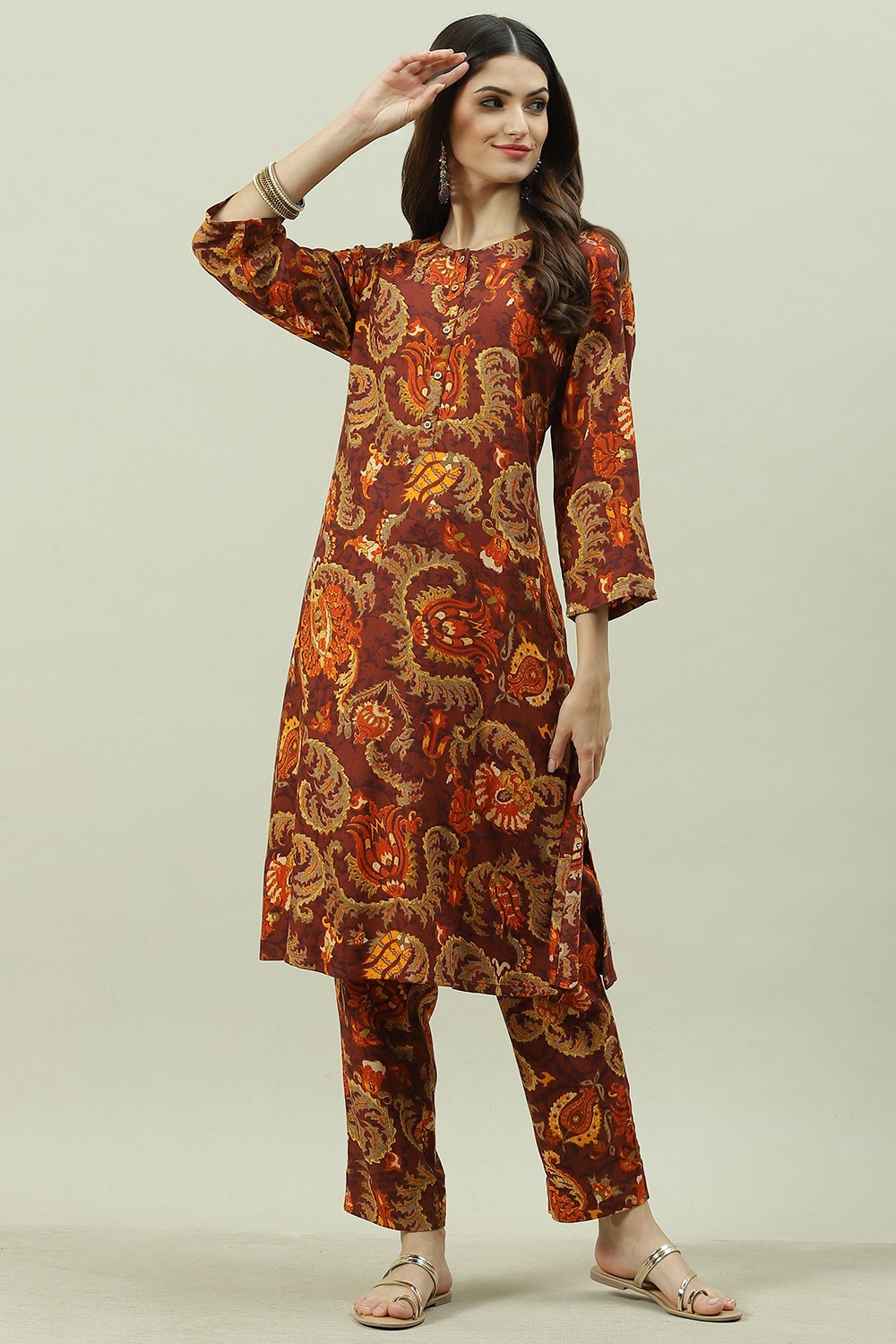 Brown Rayon Co-ord Set Kurta Pant Suit Set image number 6