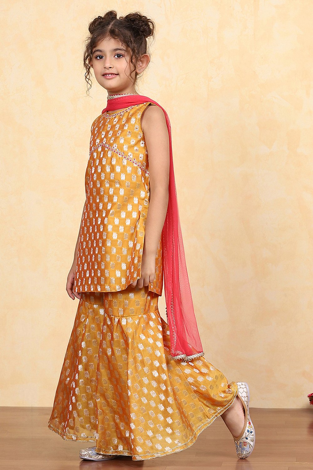 Yellow Brocade Yarndyed Fitted Sharara Suit Set image number 3