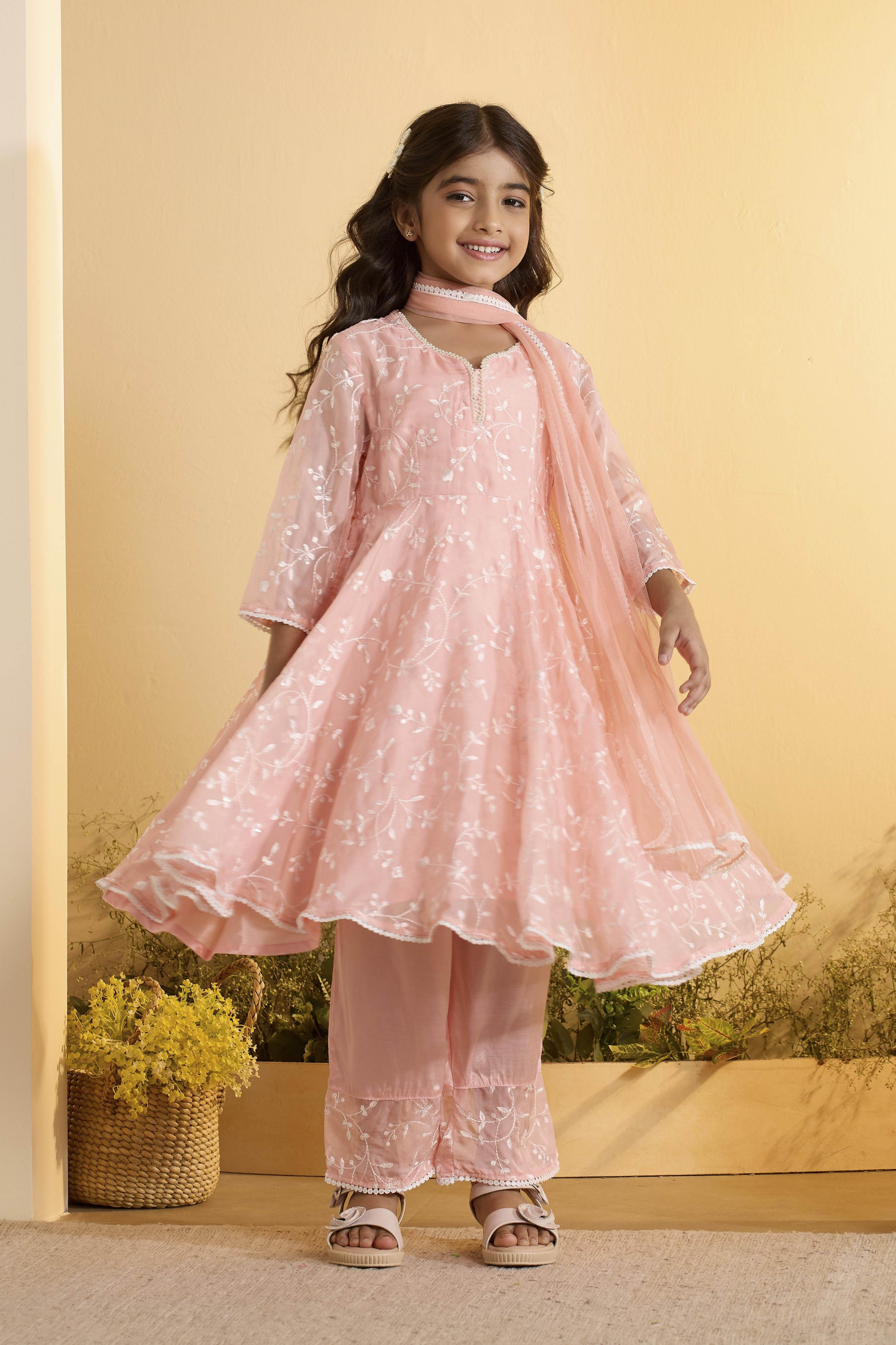 Peach Embroidered Straight Kurta Set image number 0