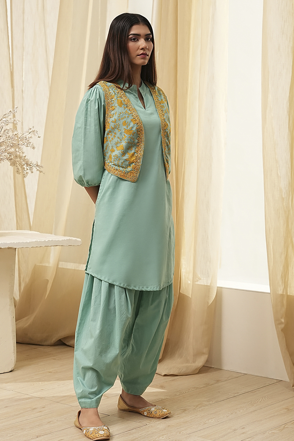 Sage Green Cotton Pathani Straight Kurta Set image number 5