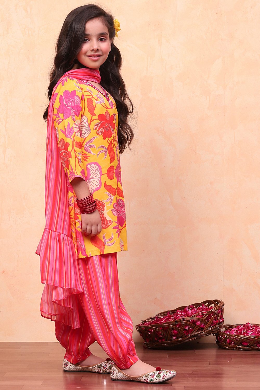 Yellow and Pink Viscose Blend Floral Straight Suit Set image number 5