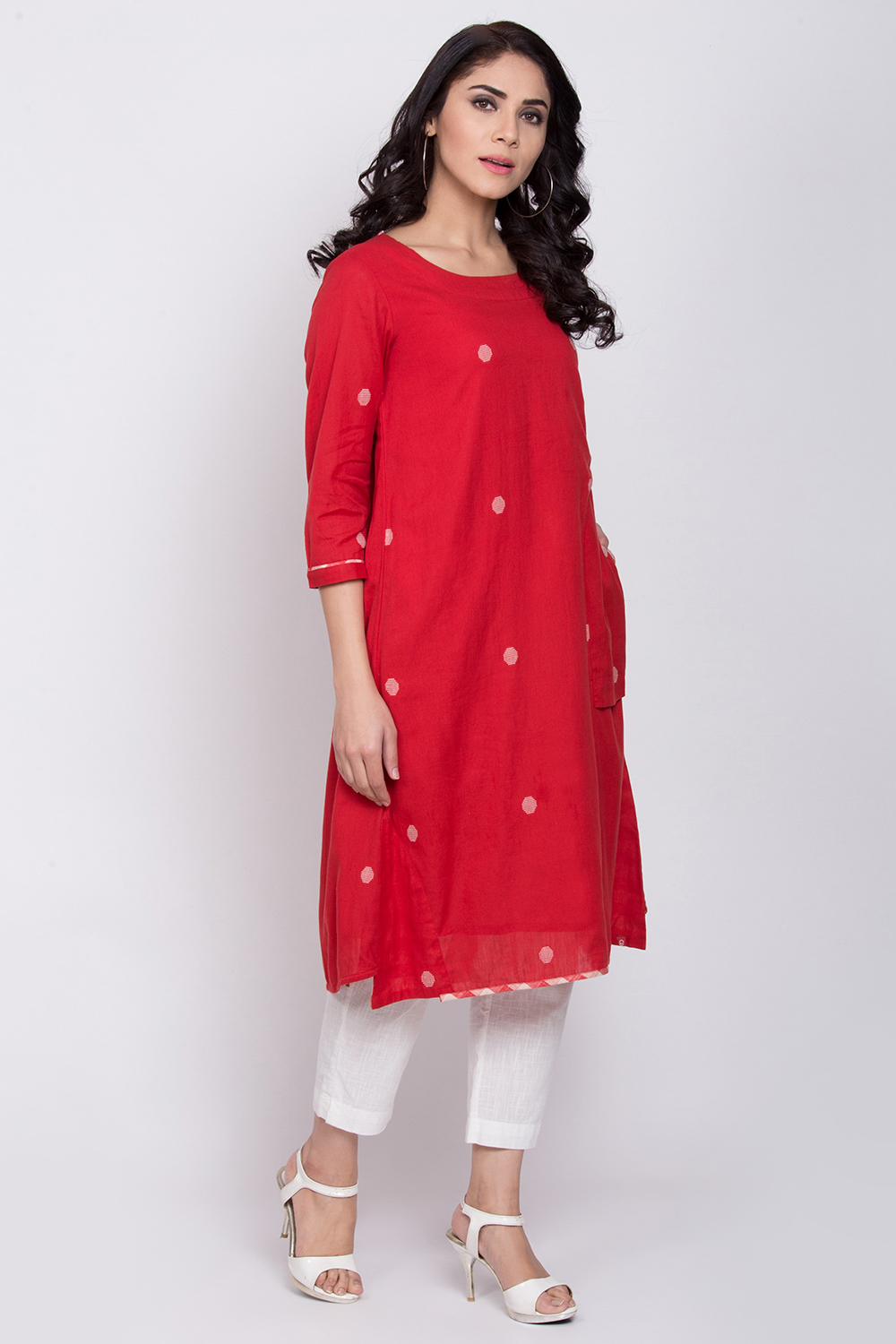 Red A-Line Eco Cotton Yarndyed Kurta image number 3