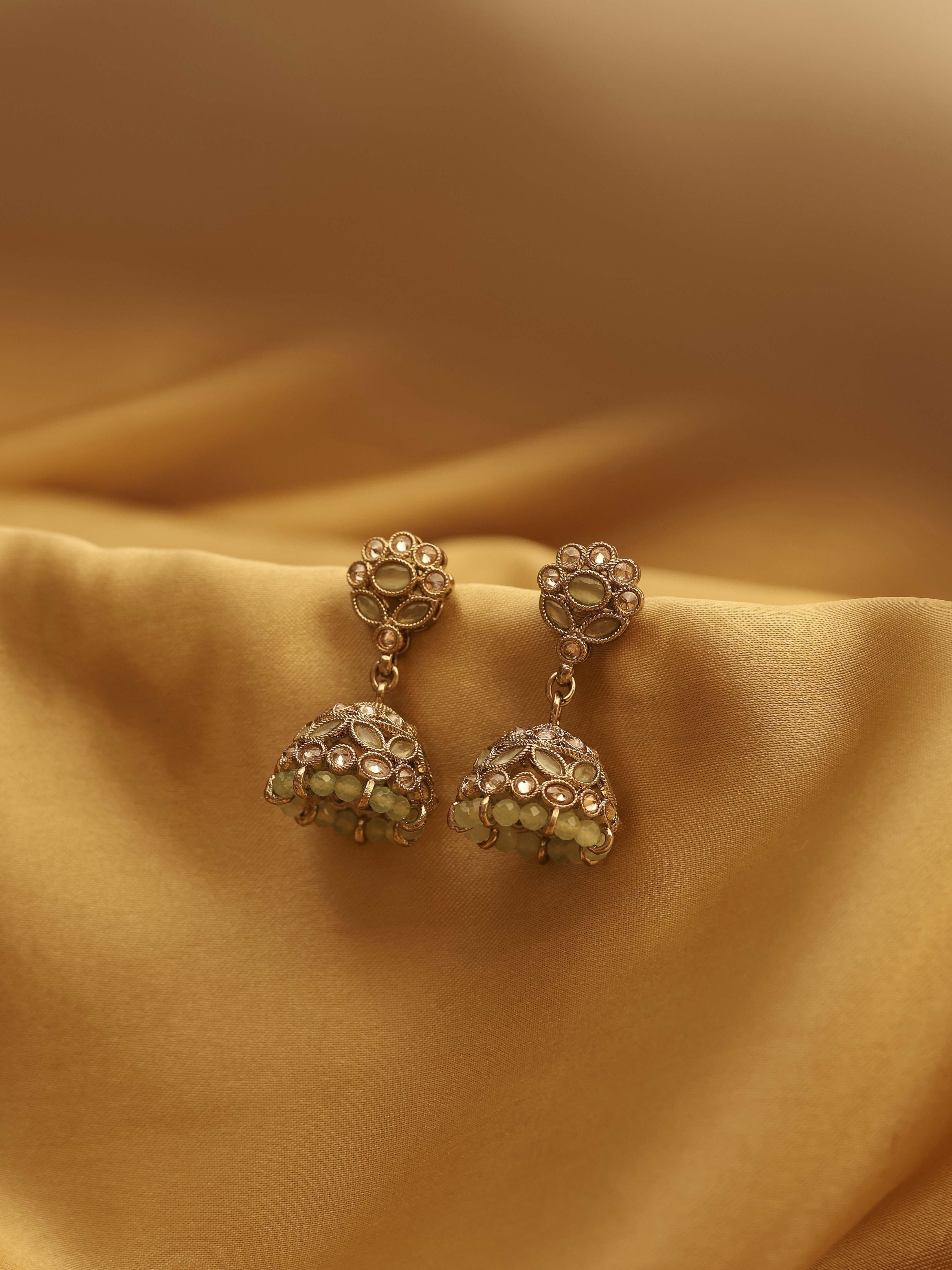 Green Gold-Plated Brass Studded Jhumkas image number 0
