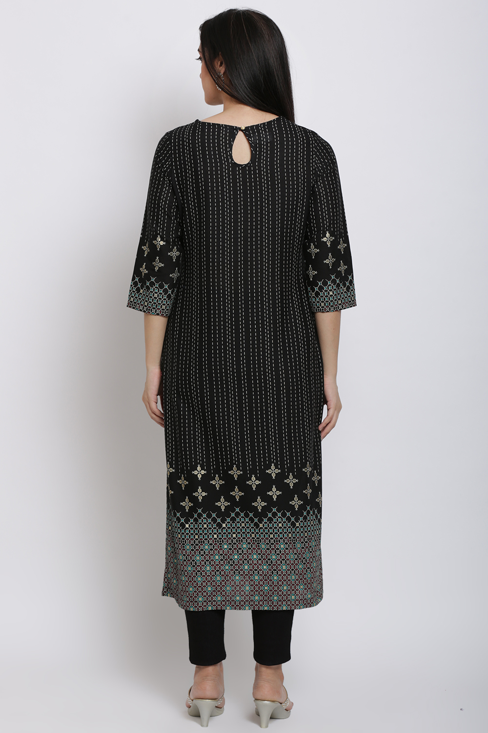 Black Cotton Flax Starlight Printed Kurta image number 4